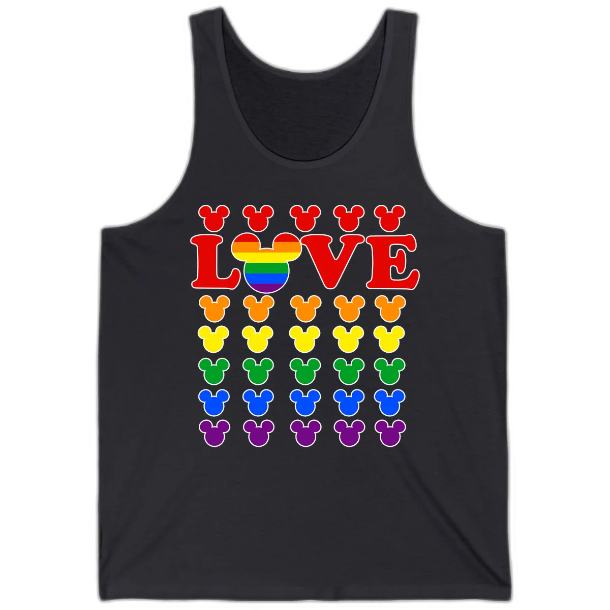 Mickey Love Pride design featuring bold red LOVE text with rainbow-striped Mickey head and colorful Mickey silhouettes border in Dark Grey