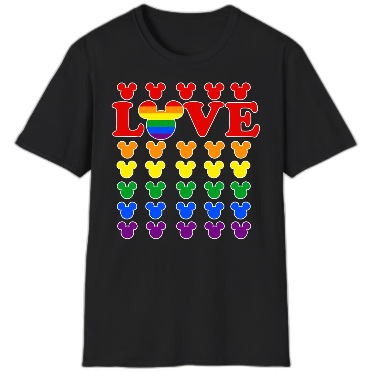 Mickey Love Pride design featuring bold red LOVE text with rainbow-striped Mickey head and colorful Mickey silhouettes border in Black