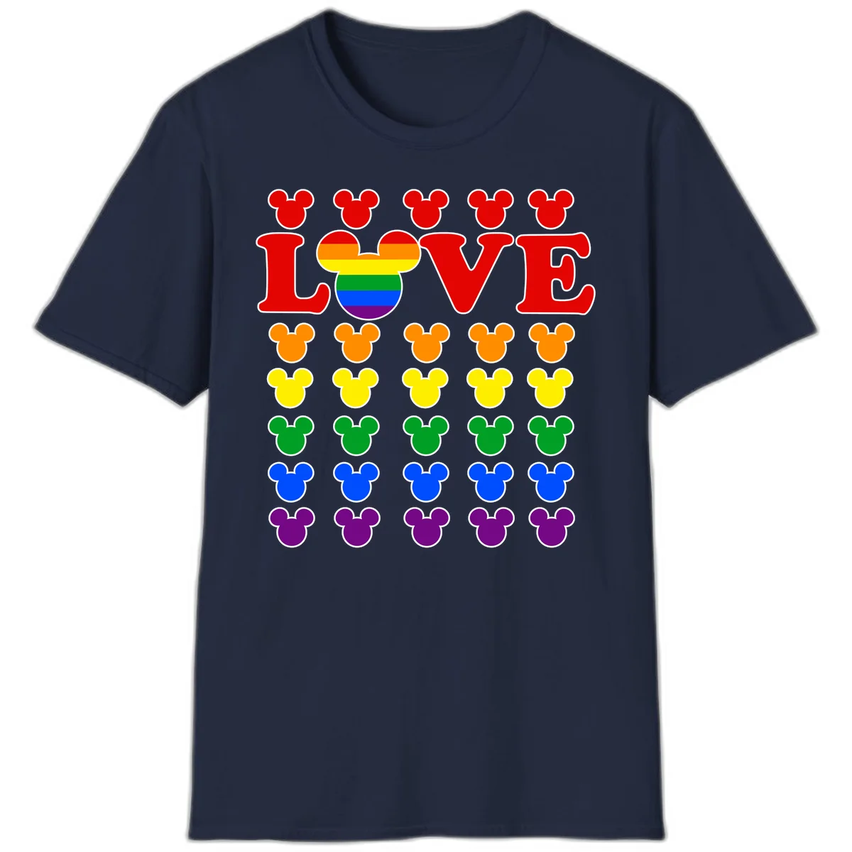 Mickey Love Pride design featuring bold red LOVE text with rainbow-striped Mickey head and colorful Mickey silhouettes border in Navy