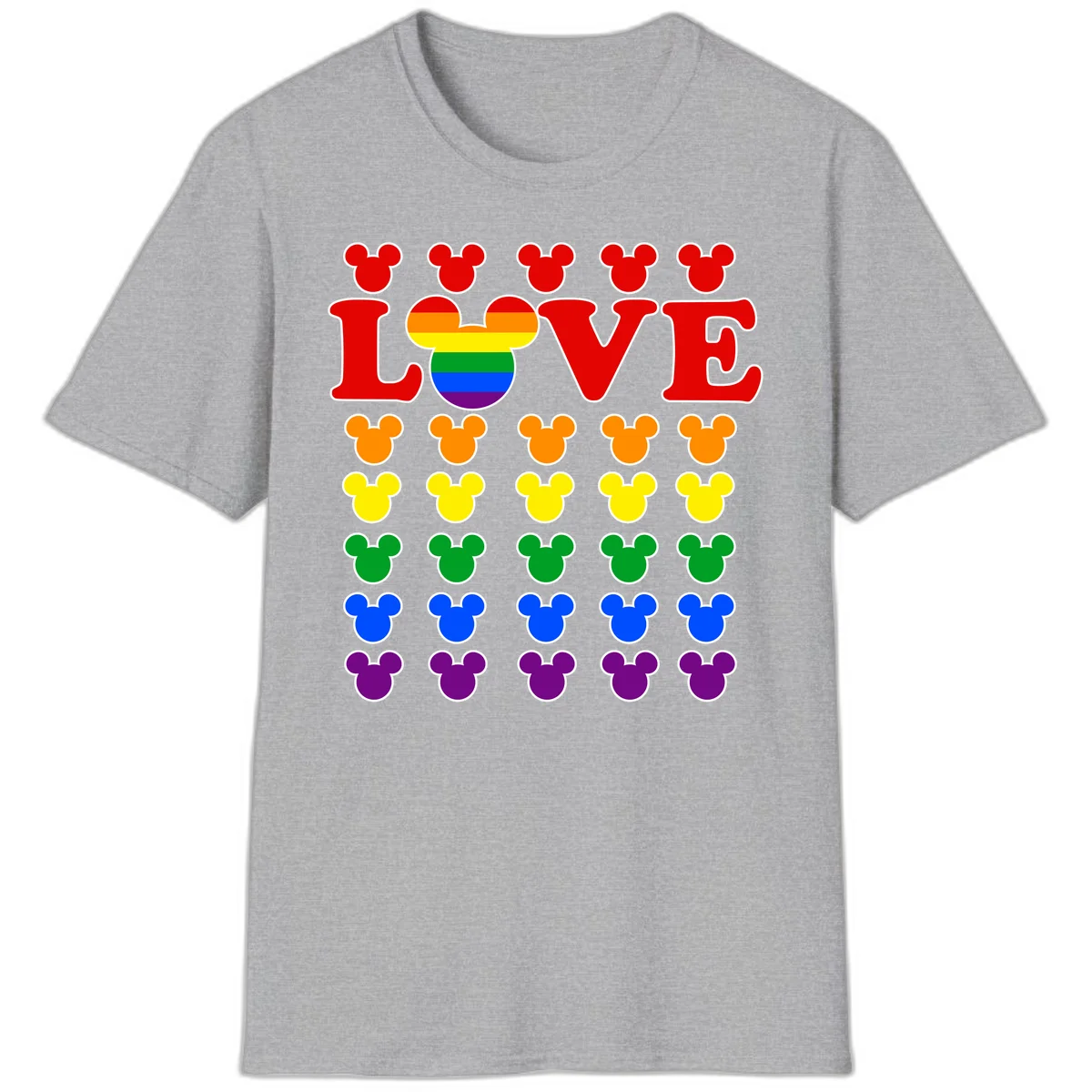 Mickey Love Pride design featuring bold red LOVE text with rainbow-striped Mickey head and colorful Mickey silhouettes border in Sport Grey