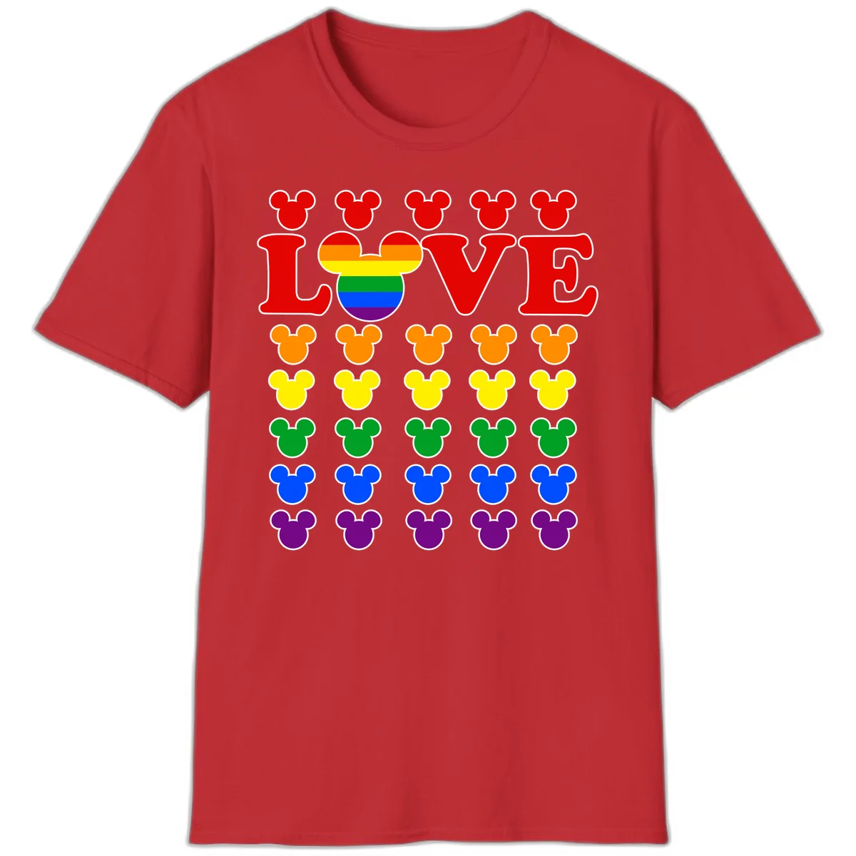Mickey Love Pride design featuring bold red LOVE text with rainbow-striped Mickey head and colorful Mickey silhouettes border in Red
