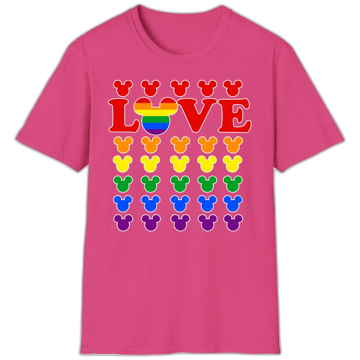 Mickey Love Pride design featuring bold red LOVE text with rainbow-striped Mickey head and colorful Mickey silhouettes border in Heliconia