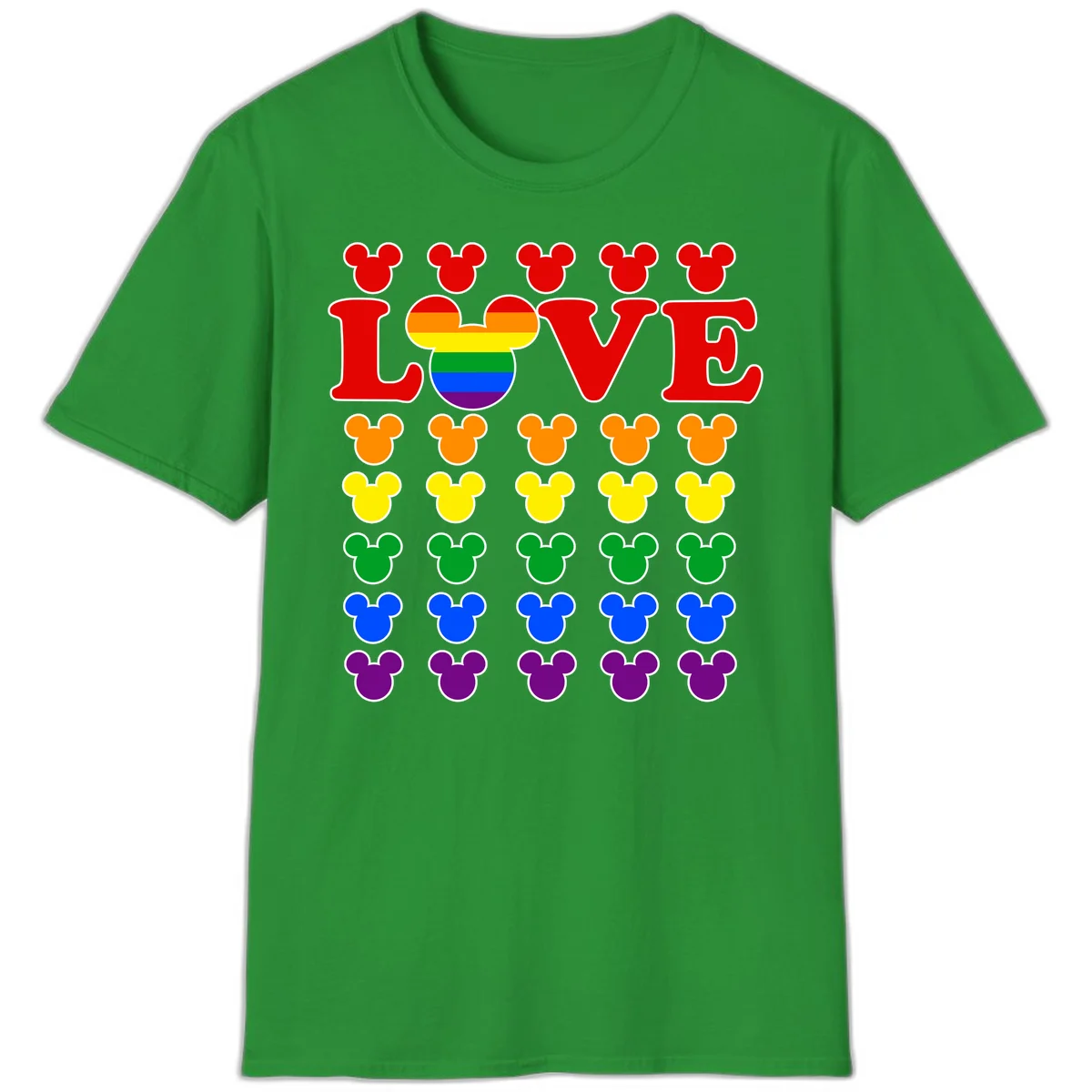 Mickey Love Pride design featuring bold red LOVE text with rainbow-striped Mickey head and colorful Mickey silhouettes border in Irish Green