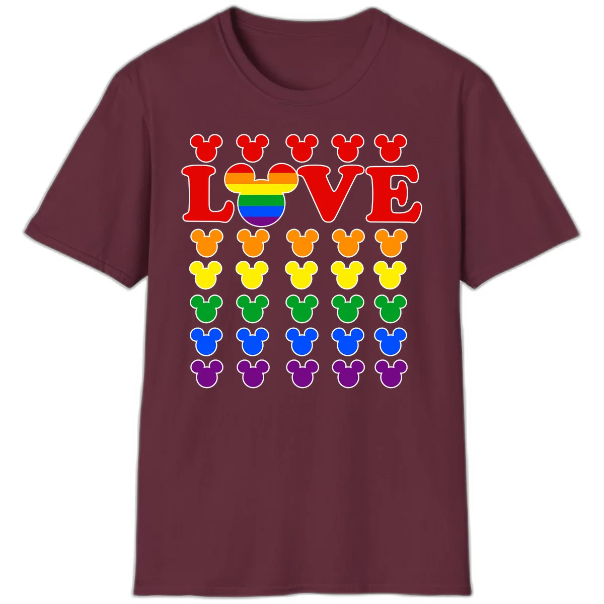 Mickey Love Pride design featuring bold red LOVE text with rainbow-striped Mickey head and colorful Mickey silhouettes border in Maroon