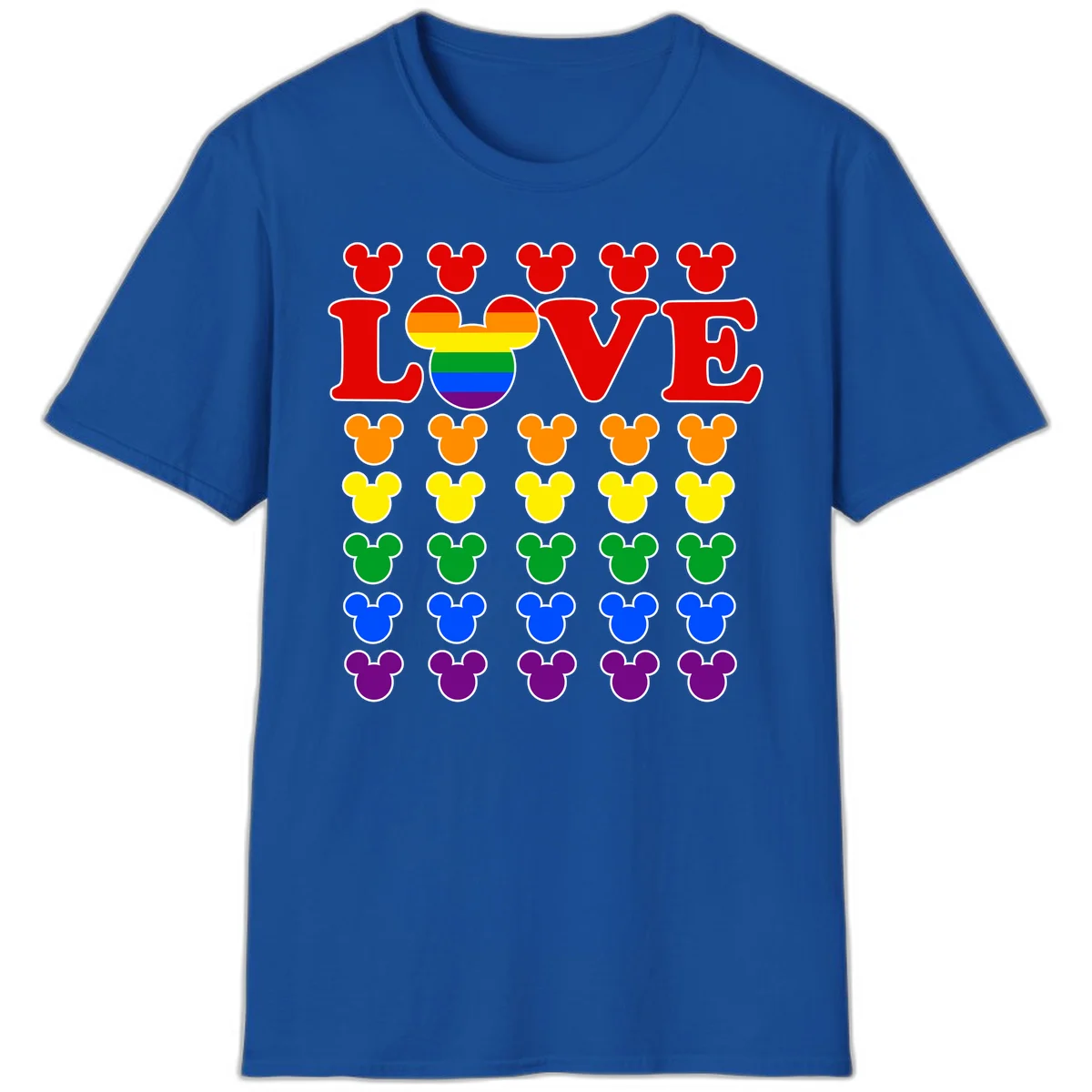 Mickey Love Pride design featuring bold red LOVE text with rainbow-striped Mickey head and colorful Mickey silhouettes border in Royal