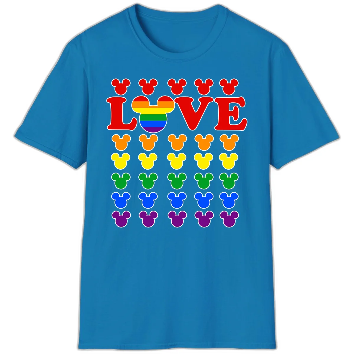 Mickey Love Pride design featuring bold red LOVE text with rainbow-striped Mickey head and colorful Mickey silhouettes border in Sapphire