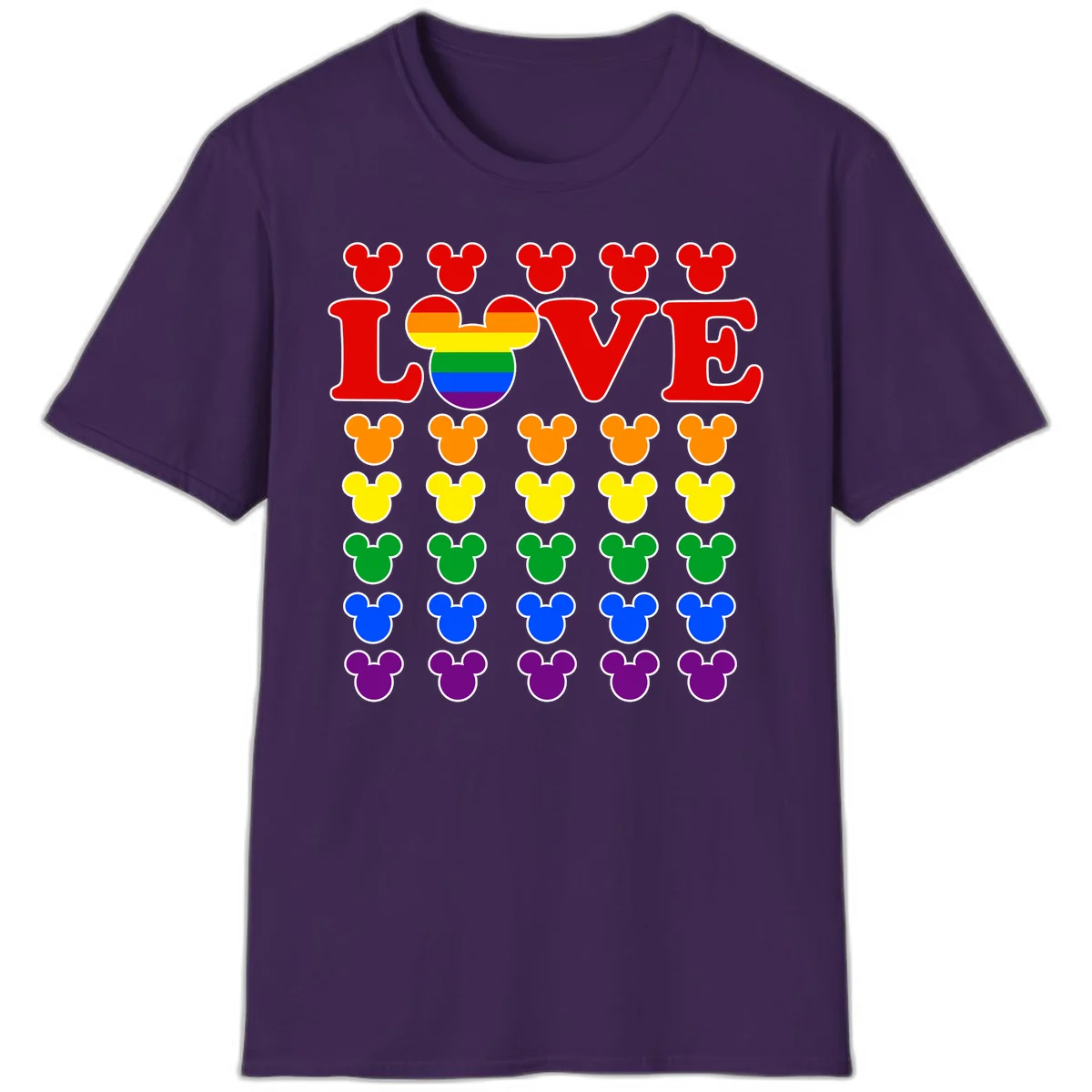 Mickey Love Pride design featuring bold red LOVE text with rainbow-striped Mickey head and colorful Mickey silhouettes border in Purple