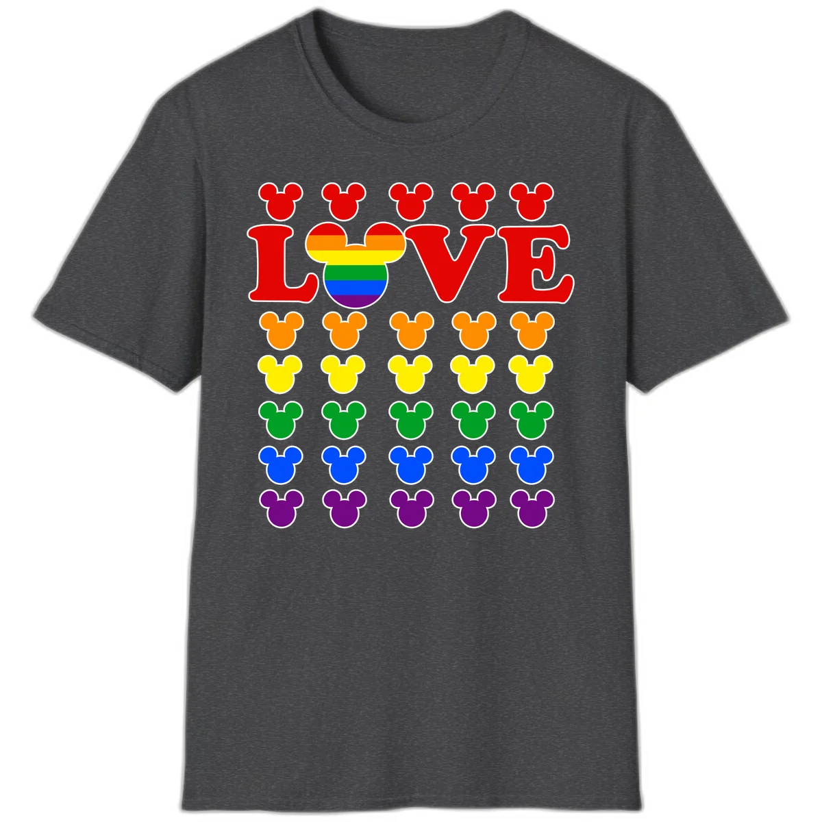 Mickey Love Pride design featuring bold red LOVE text with rainbow-striped Mickey head and colorful Mickey silhouettes border in Dark Heather