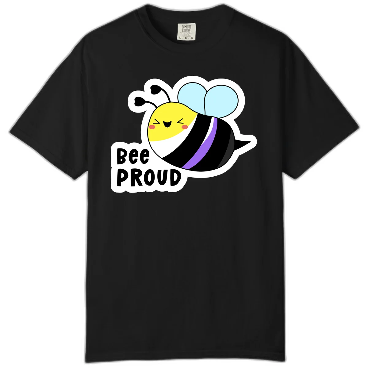 Cartoon bee with yellow head, purple-striped black body, and blue wings smiling happily with text 'BEE PROUD' below in Black