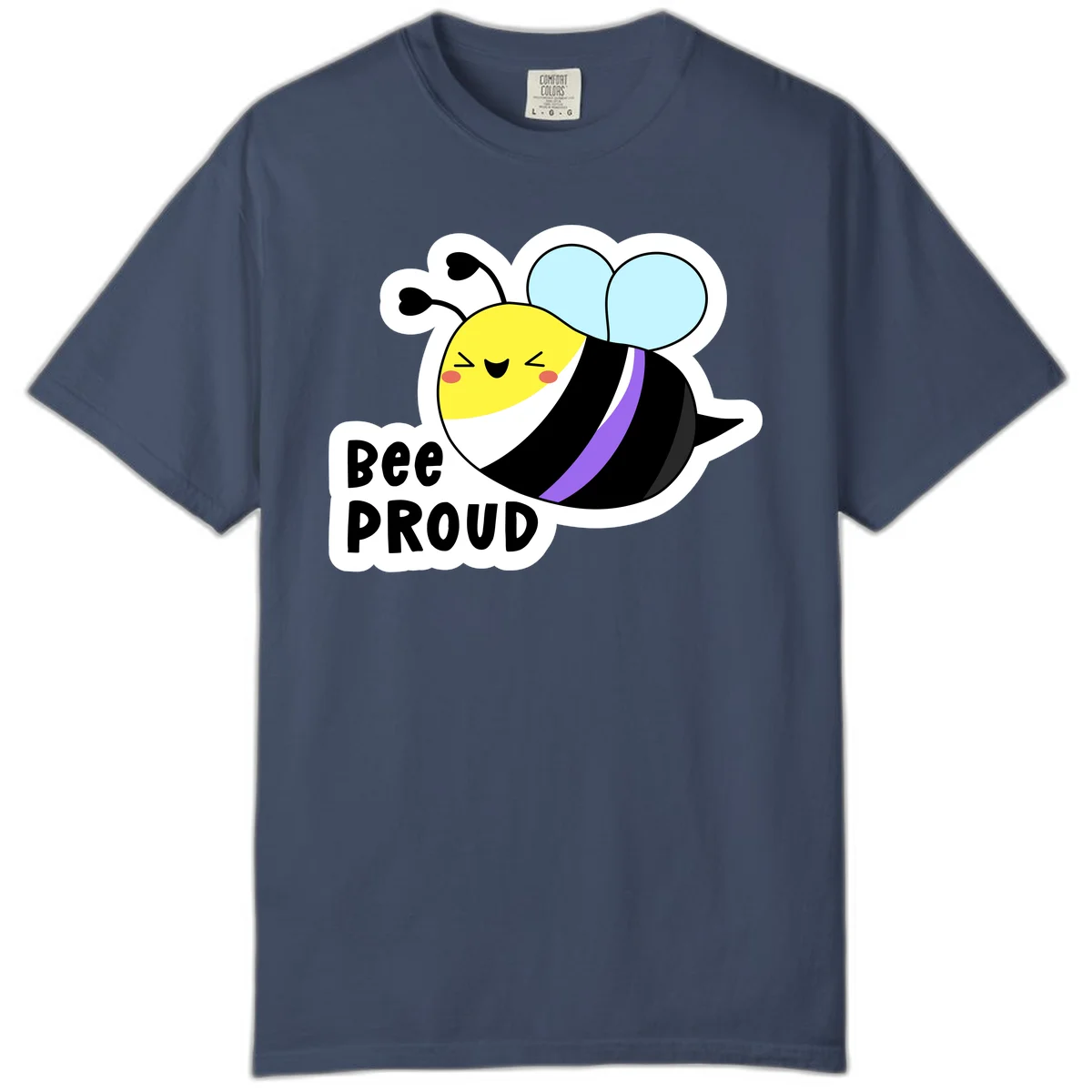 Cartoon bee with yellow head, purple-striped black body, and blue wings smiling happily with text 'BEE PROUD' below in Midnight