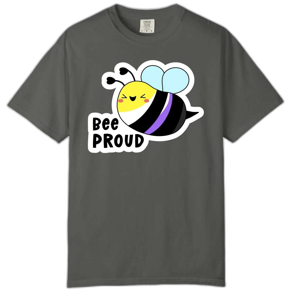 Cartoon bee with yellow head, purple-striped black body, and blue wings smiling happily with text 'BEE PROUD' below in Pepper