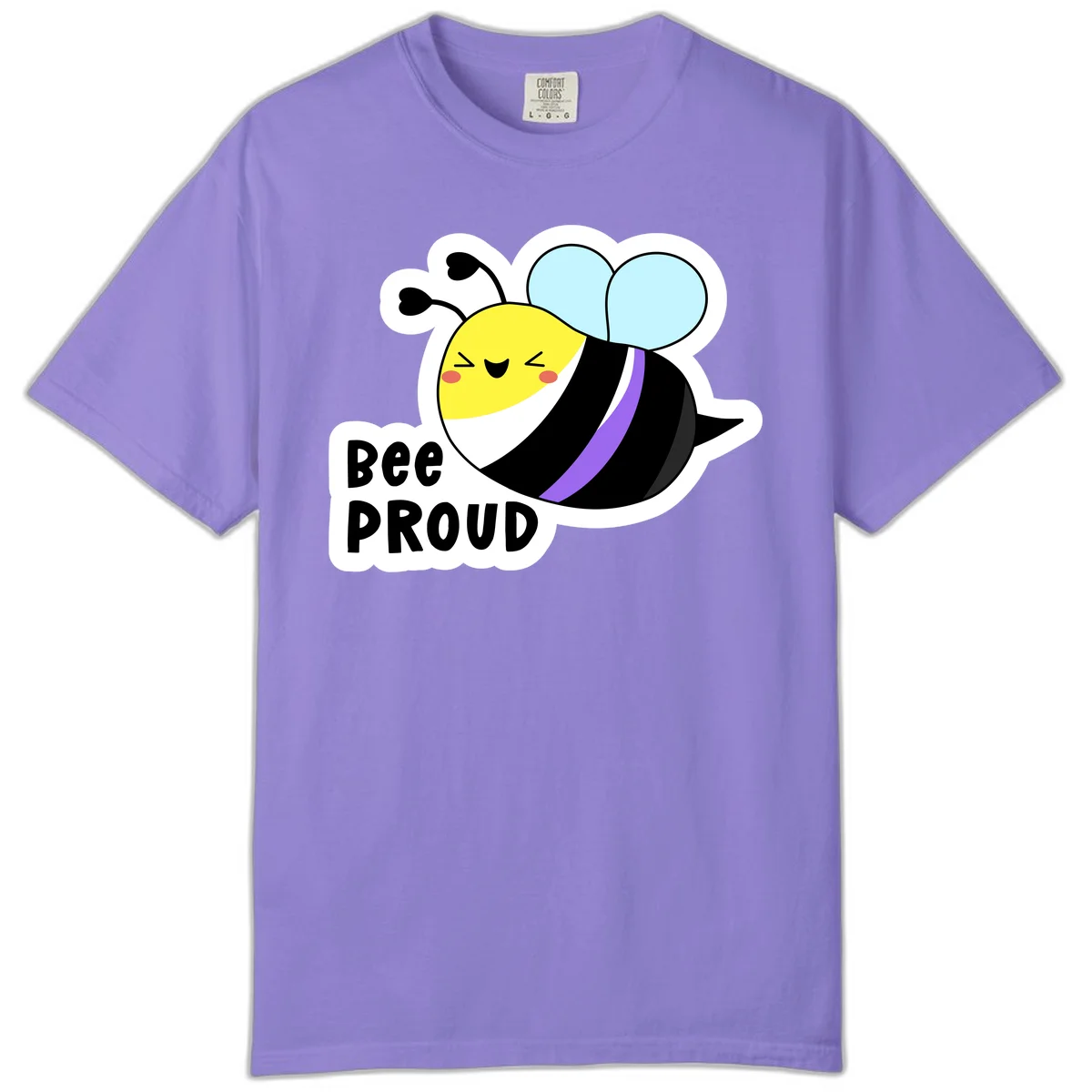 Cartoon bee with yellow head, purple-striped black body, and blue wings smiling happily with text 'BEE PROUD' below in Violet