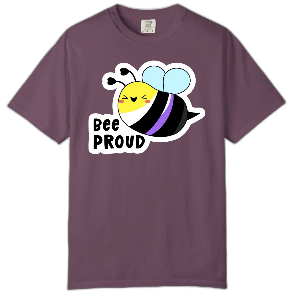 Cartoon bee with yellow head, purple-striped black body, and blue wings smiling happily with text 'BEE PROUD' below in Berry