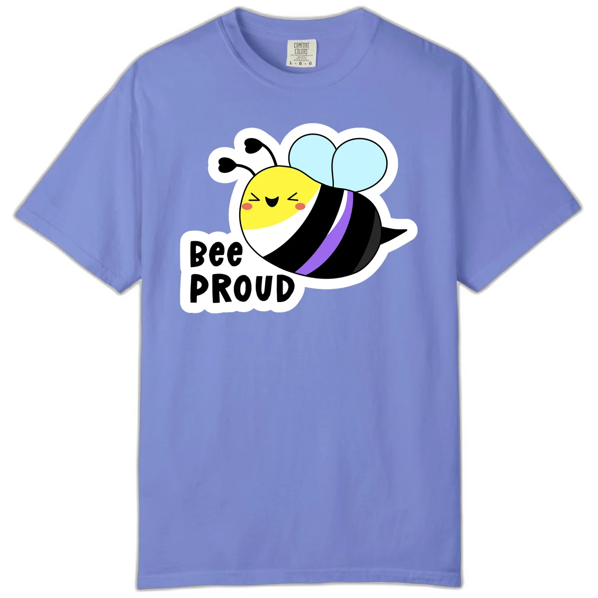 Cartoon bee with yellow head, purple-striped black body, and blue wings smiling happily with text 'BEE PROUD' below in Flo Blue