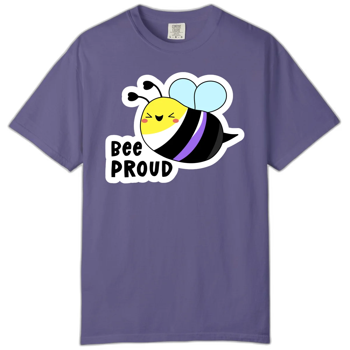 Cartoon bee with yellow head, purple-striped black body, and blue wings smiling happily with text 'BEE PROUD' below in Grape