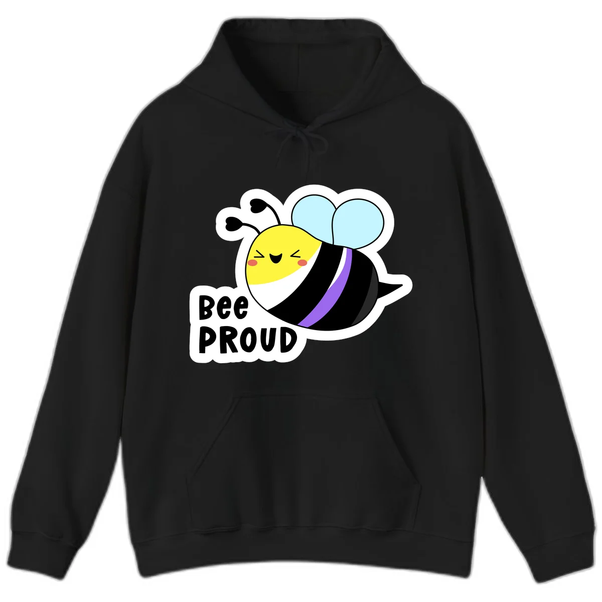 Cartoon bee with yellow head, purple-striped black body, and blue wings smiling happily with text 'BEE PROUD' below in Black