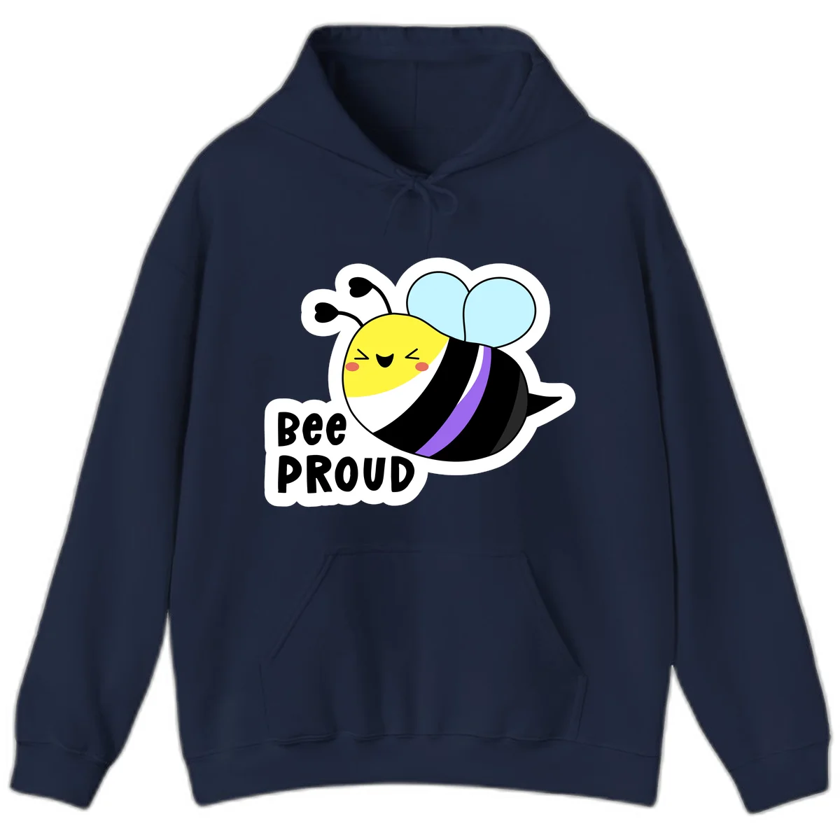 Cartoon bee with yellow head, purple-striped black body, and blue wings smiling happily with text 'BEE PROUD' below in Navy