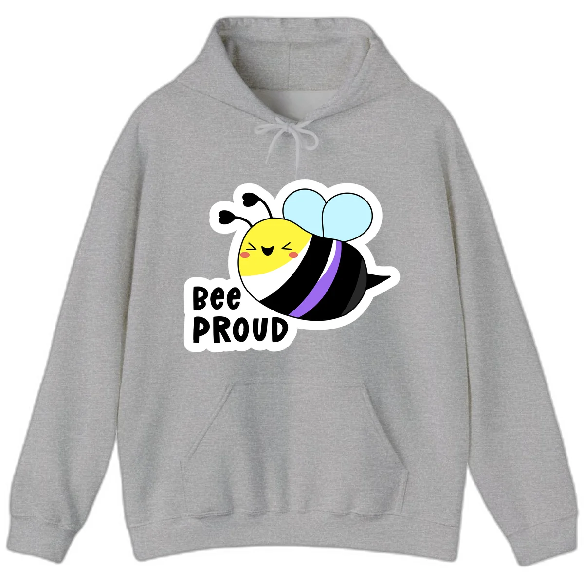 Cartoon bee with yellow head, purple-striped black body, and blue wings smiling happily with text 'BEE PROUD' below in Sport Grey