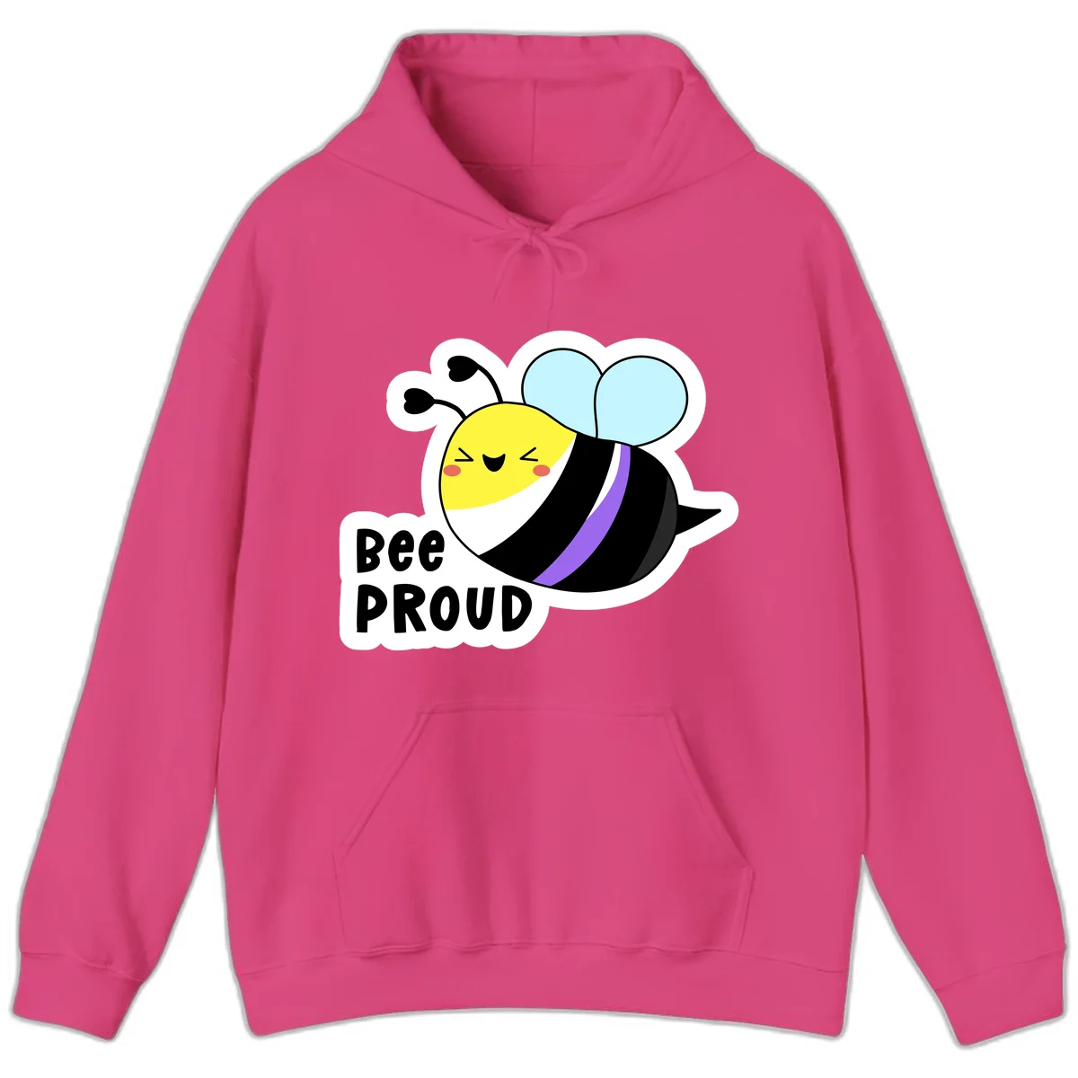 Cartoon bee with yellow head, purple-striped black body, and blue wings smiling happily with text 'BEE PROUD' below in Heliconia