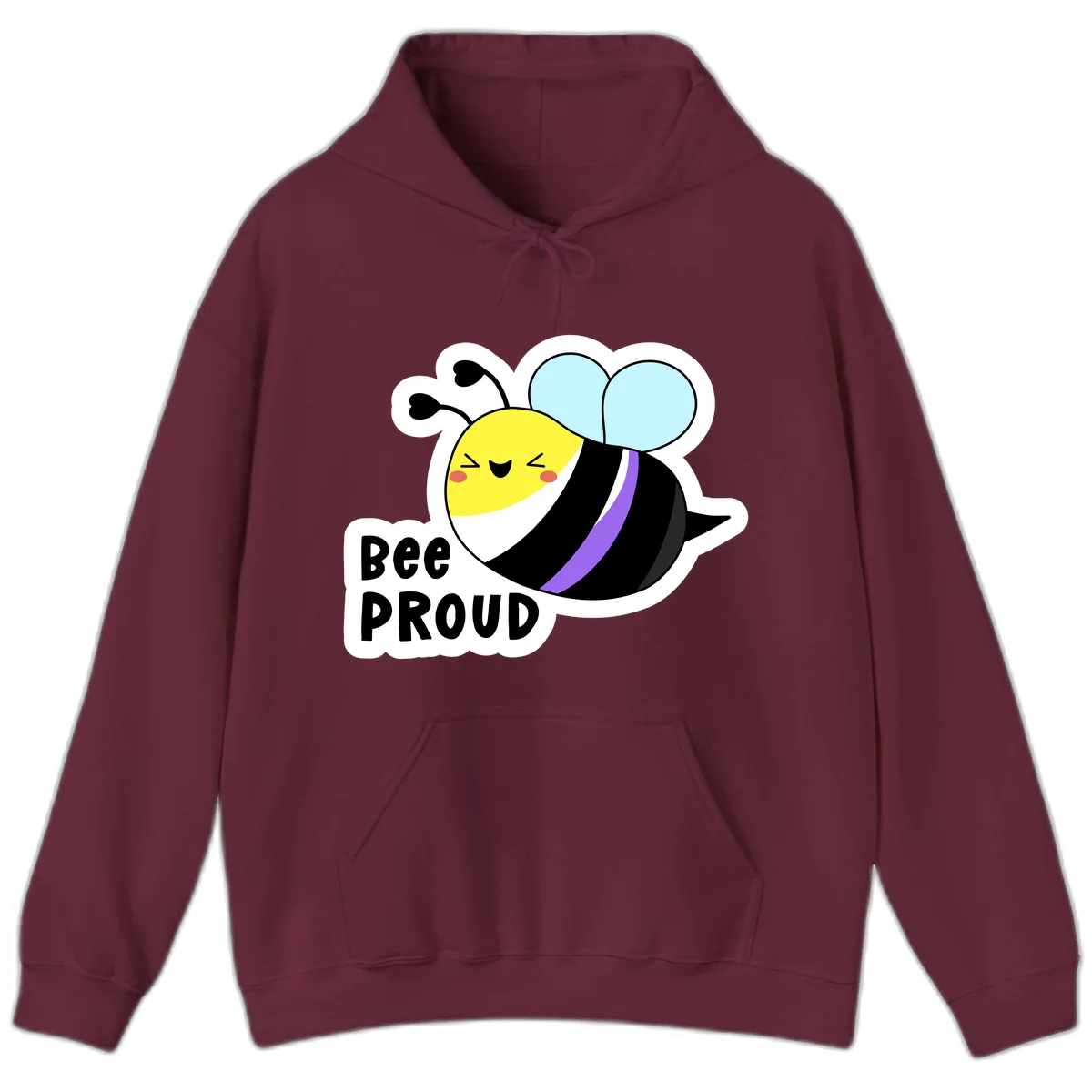 Cartoon bee with yellow head, purple-striped black body, and blue wings smiling happily with text 'BEE PROUD' below in Maroon