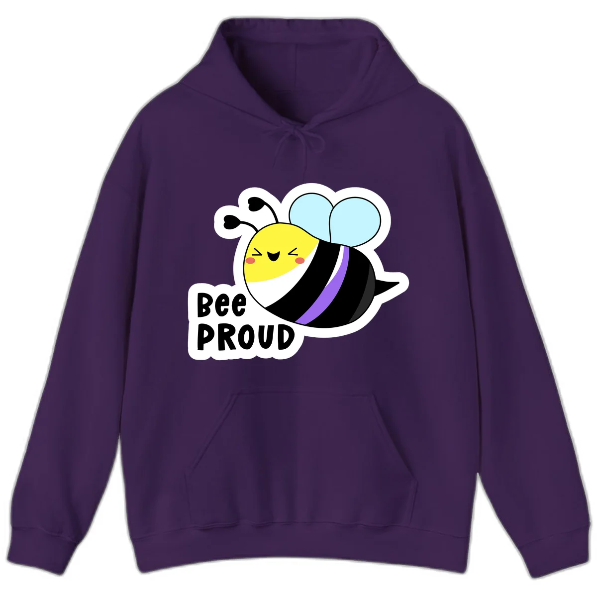 Cartoon bee with yellow head, purple-striped black body, and blue wings smiling happily with text 'BEE PROUD' below in Purple