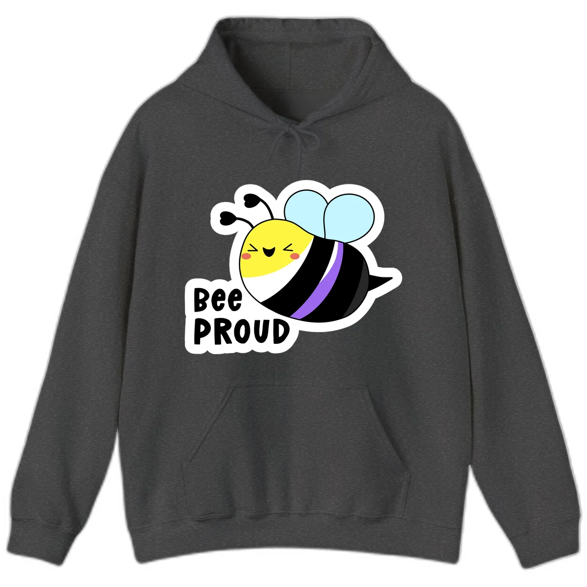 Cartoon bee with yellow head, purple-striped black body, and blue wings smiling happily with text 'BEE PROUD' below in Dark Heather