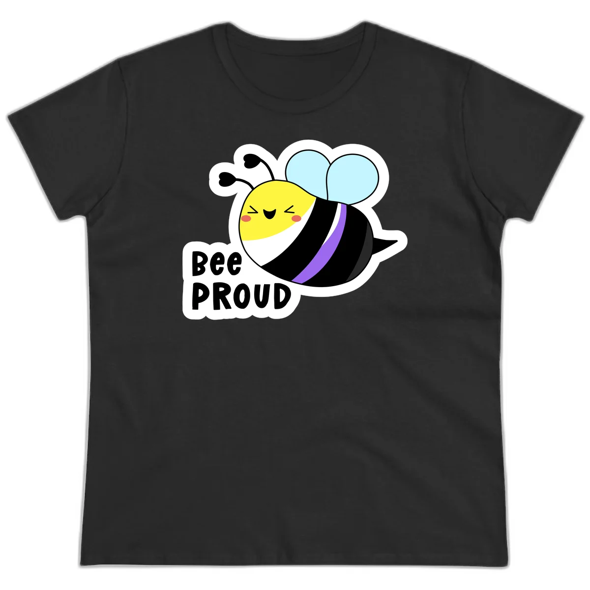 Cartoon bee with yellow head, purple-striped black body, and blue wings smiling happily with text 'BEE PROUD' below in Black