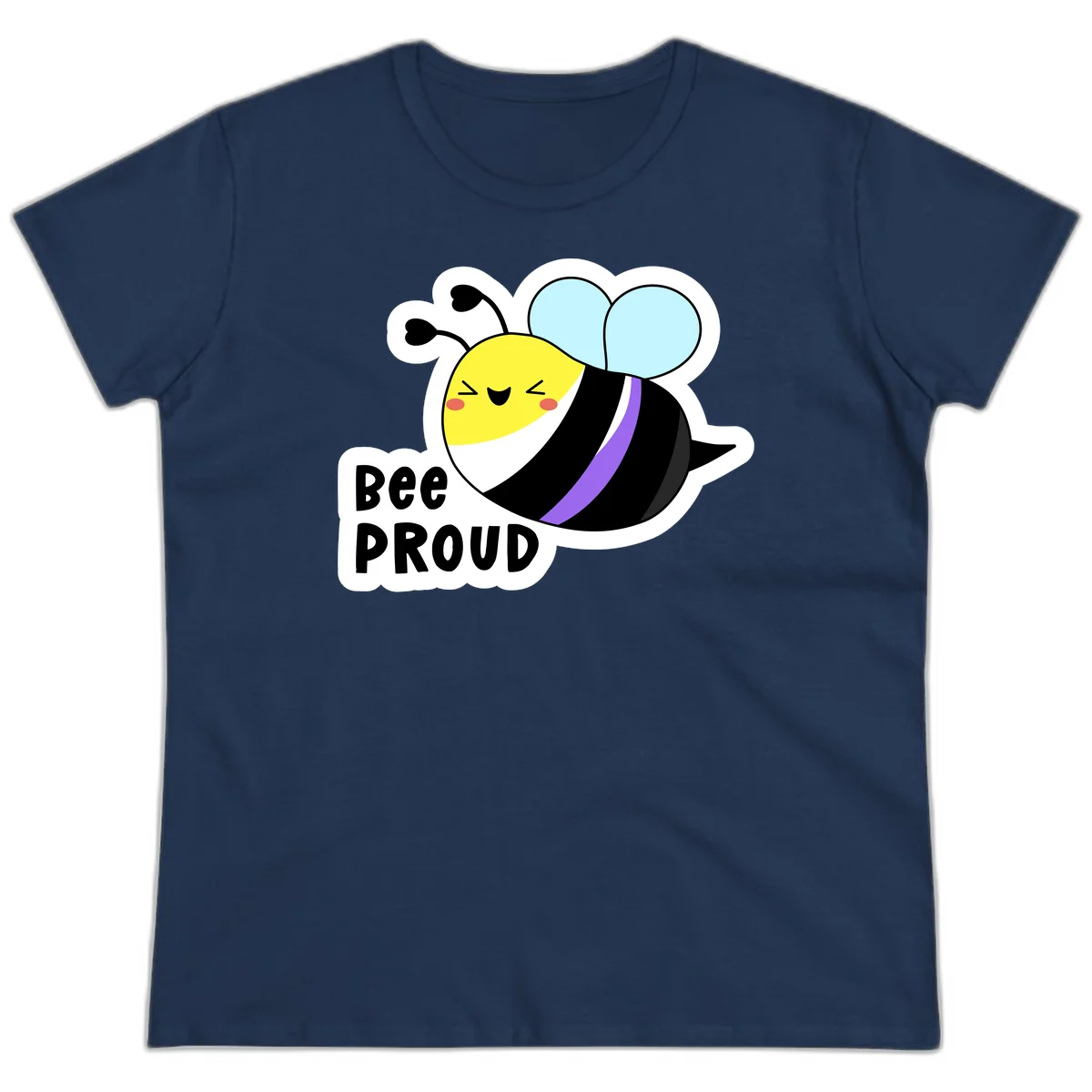 Cartoon bee with yellow head, purple-striped black body, and blue wings smiling happily with text 'BEE PROUD' below in Navy