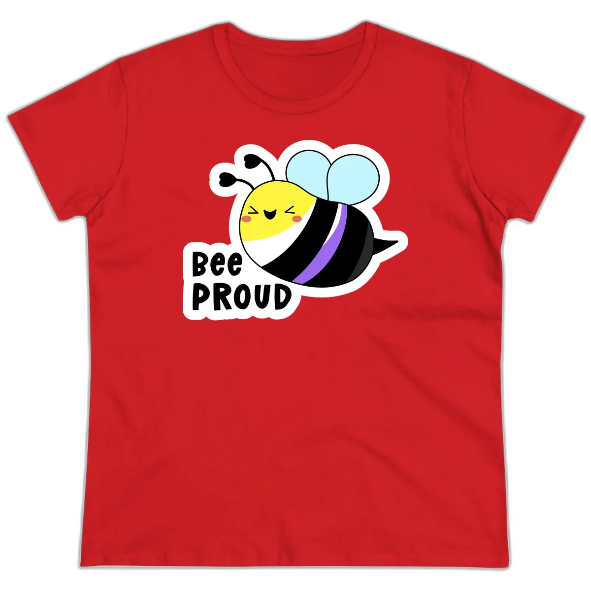 Cartoon bee with yellow head, purple-striped black body, and blue wings smiling happily with text 'BEE PROUD' below in Red