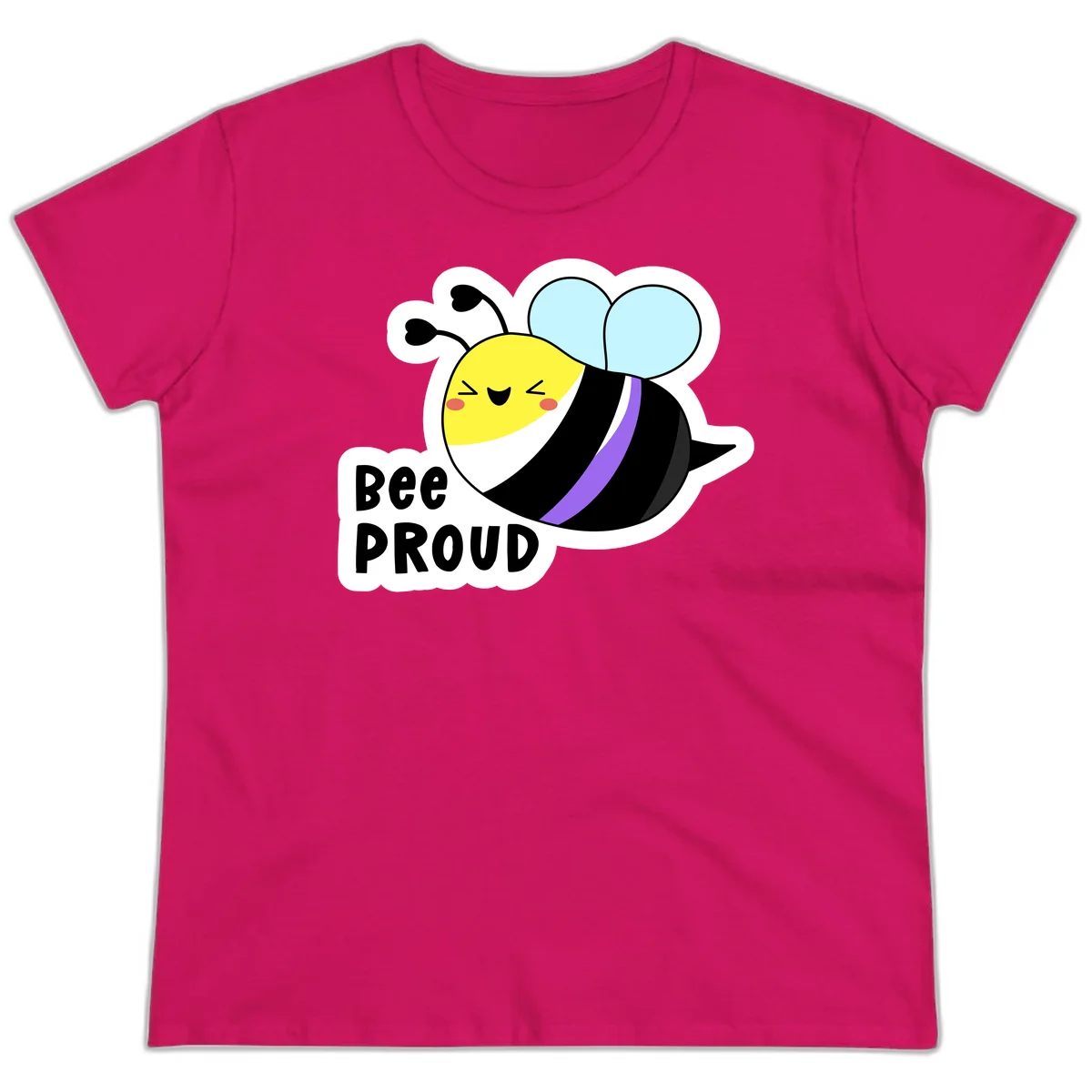 Cartoon bee with yellow head, purple-striped black body, and blue wings smiling happily with text 'BEE PROUD' below in Heliconia