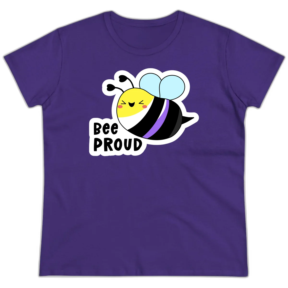 Cartoon bee with yellow head, purple-striped black body, and blue wings smiling happily with text 'BEE PROUD' below in Purple