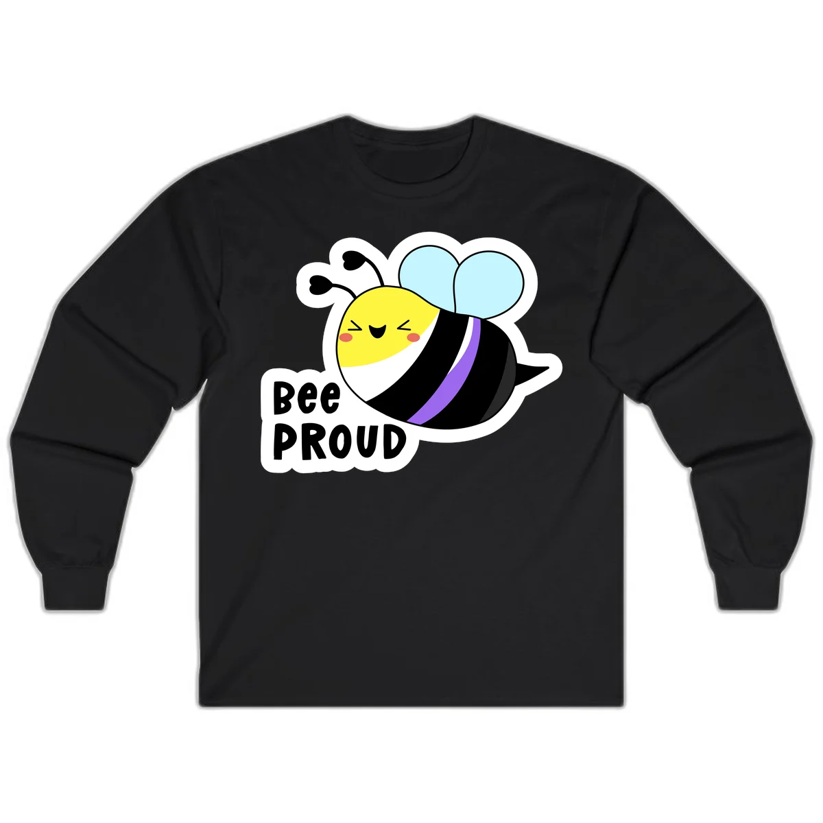 Cartoon bee with yellow head, purple-striped black body, and blue wings smiling happily with text 'BEE PROUD' below in Black