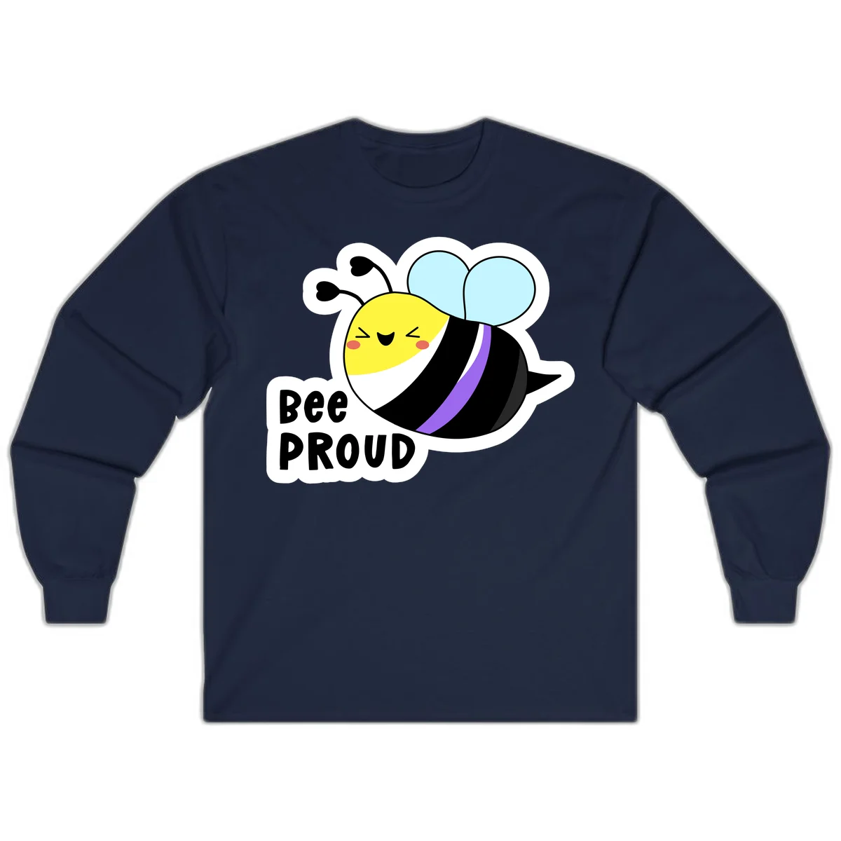 Cartoon bee with yellow head, purple-striped black body, and blue wings smiling happily with text 'BEE PROUD' below in Navy