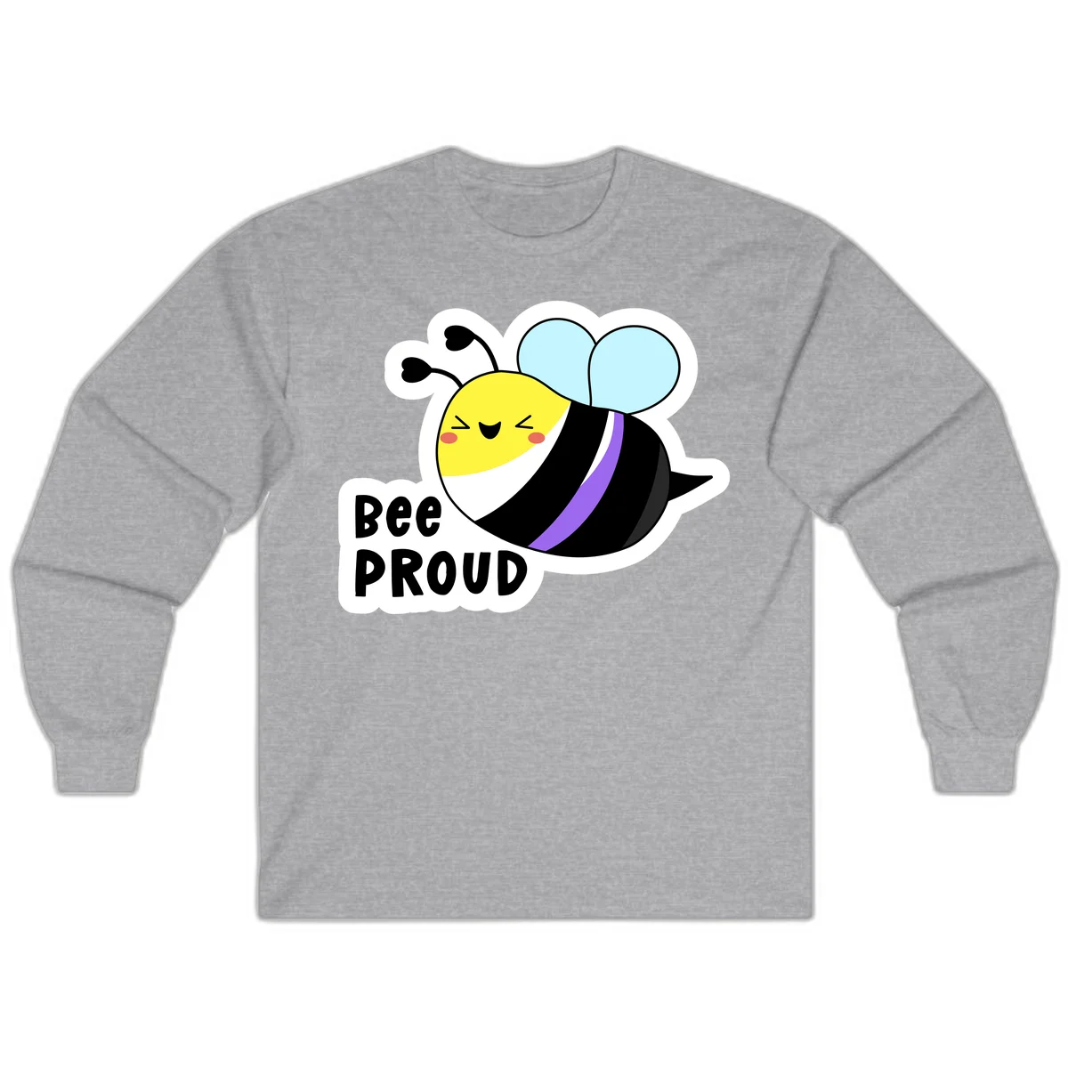 Cartoon bee with yellow head, purple-striped black body, and blue wings smiling happily with text 'BEE PROUD' below in Sport Grey