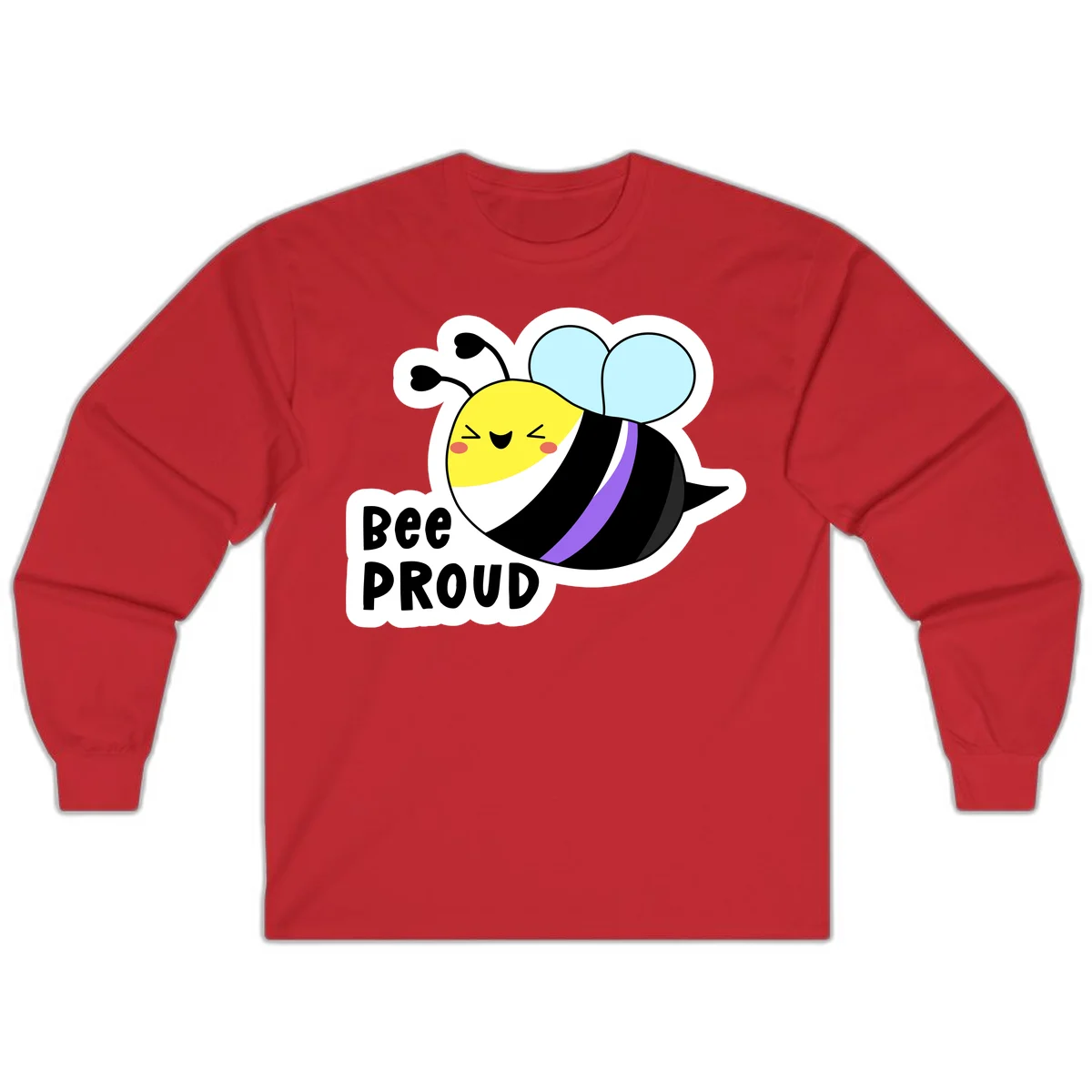 Cartoon bee with yellow head, purple-striped black body, and blue wings smiling happily with text 'BEE PROUD' below in Red