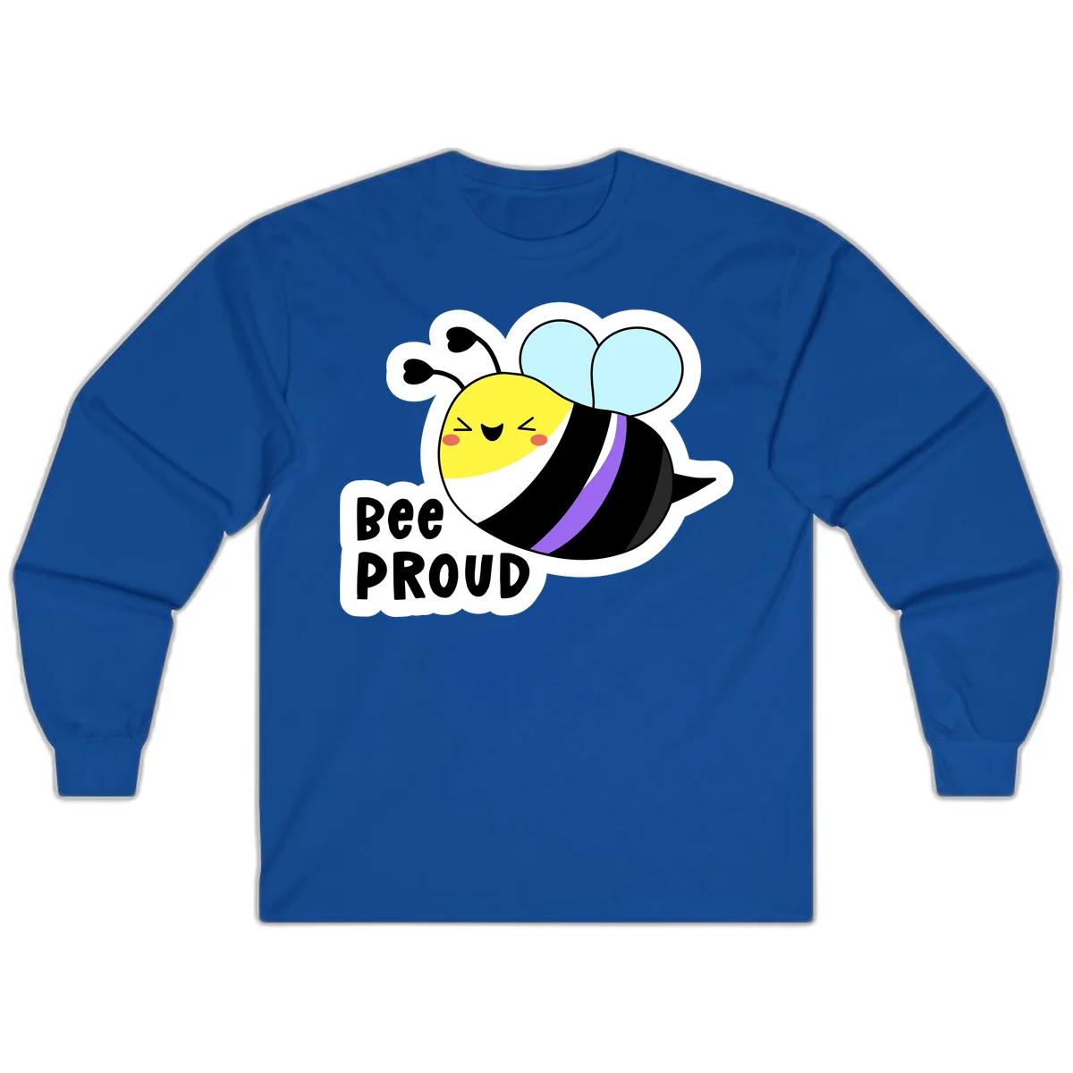Cartoon bee with yellow head, purple-striped black body, and blue wings smiling happily with text 'BEE PROUD' below in Royal