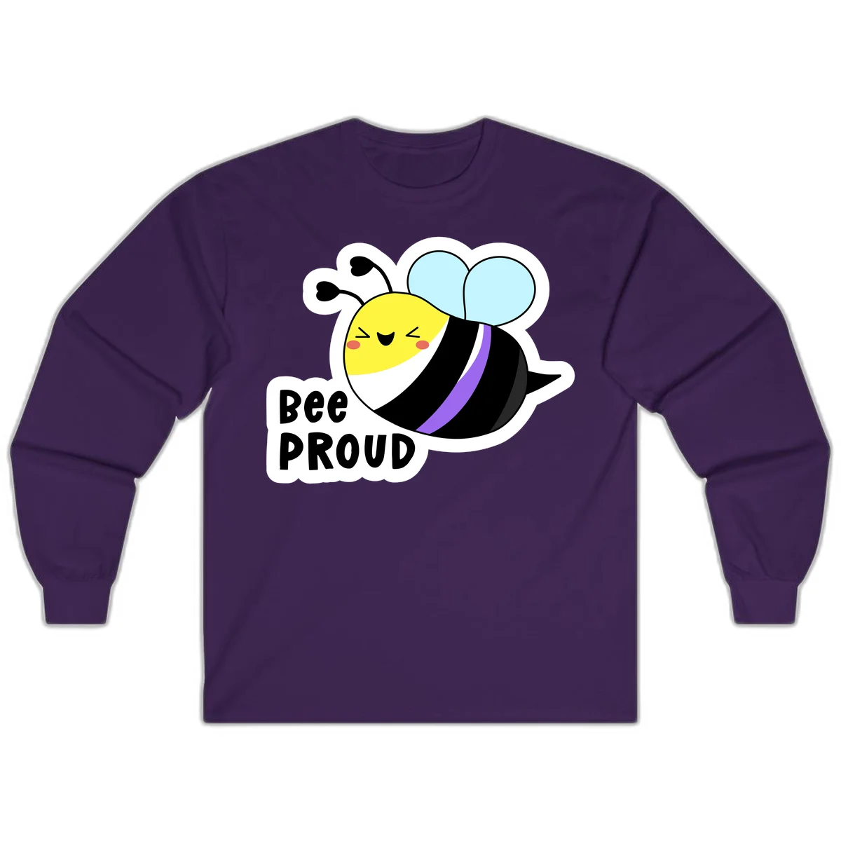 Cartoon bee with yellow head, purple-striped black body, and blue wings smiling happily with text 'BEE PROUD' below in Purple