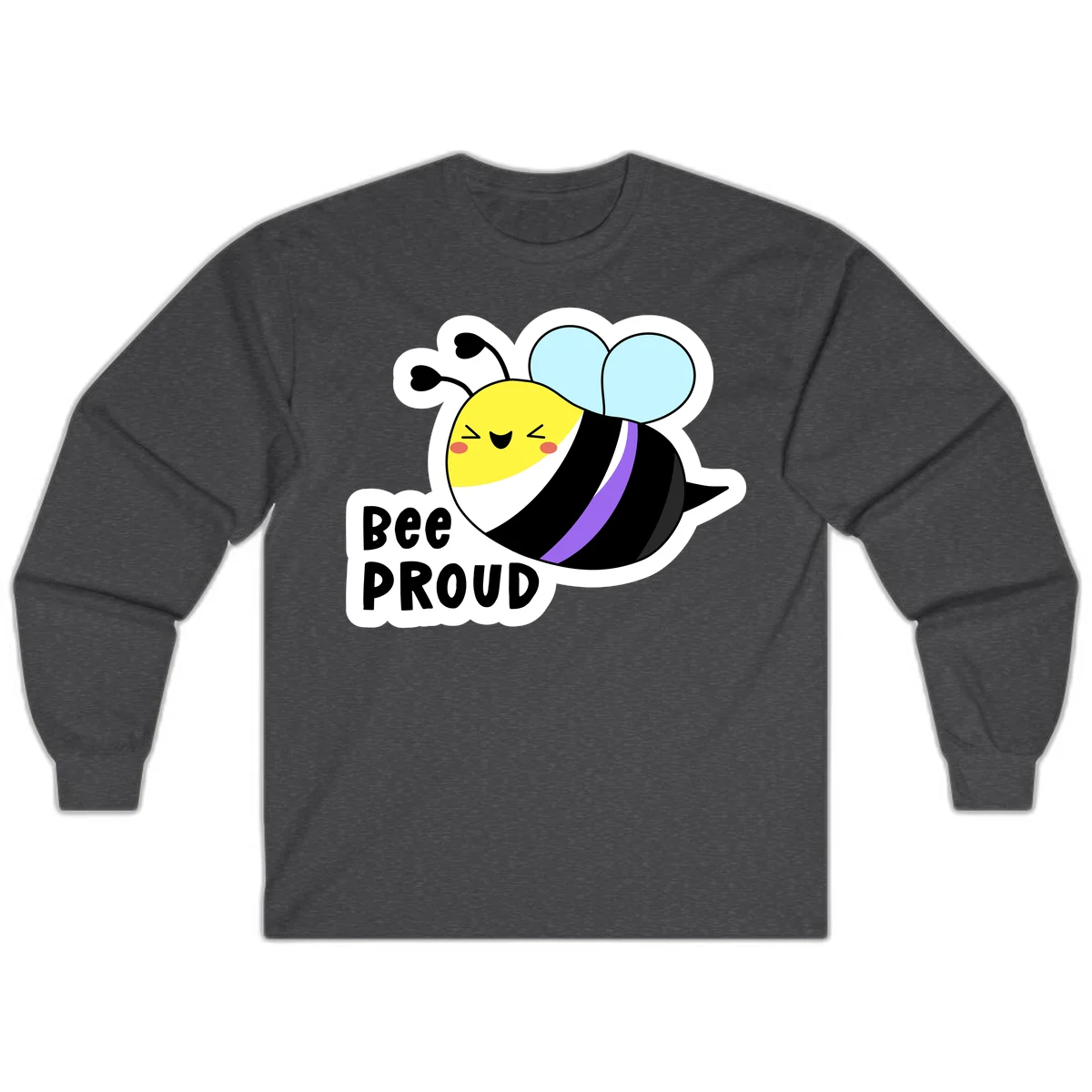Cartoon bee with yellow head, purple-striped black body, and blue wings smiling happily with text 'BEE PROUD' below in Dark Heather