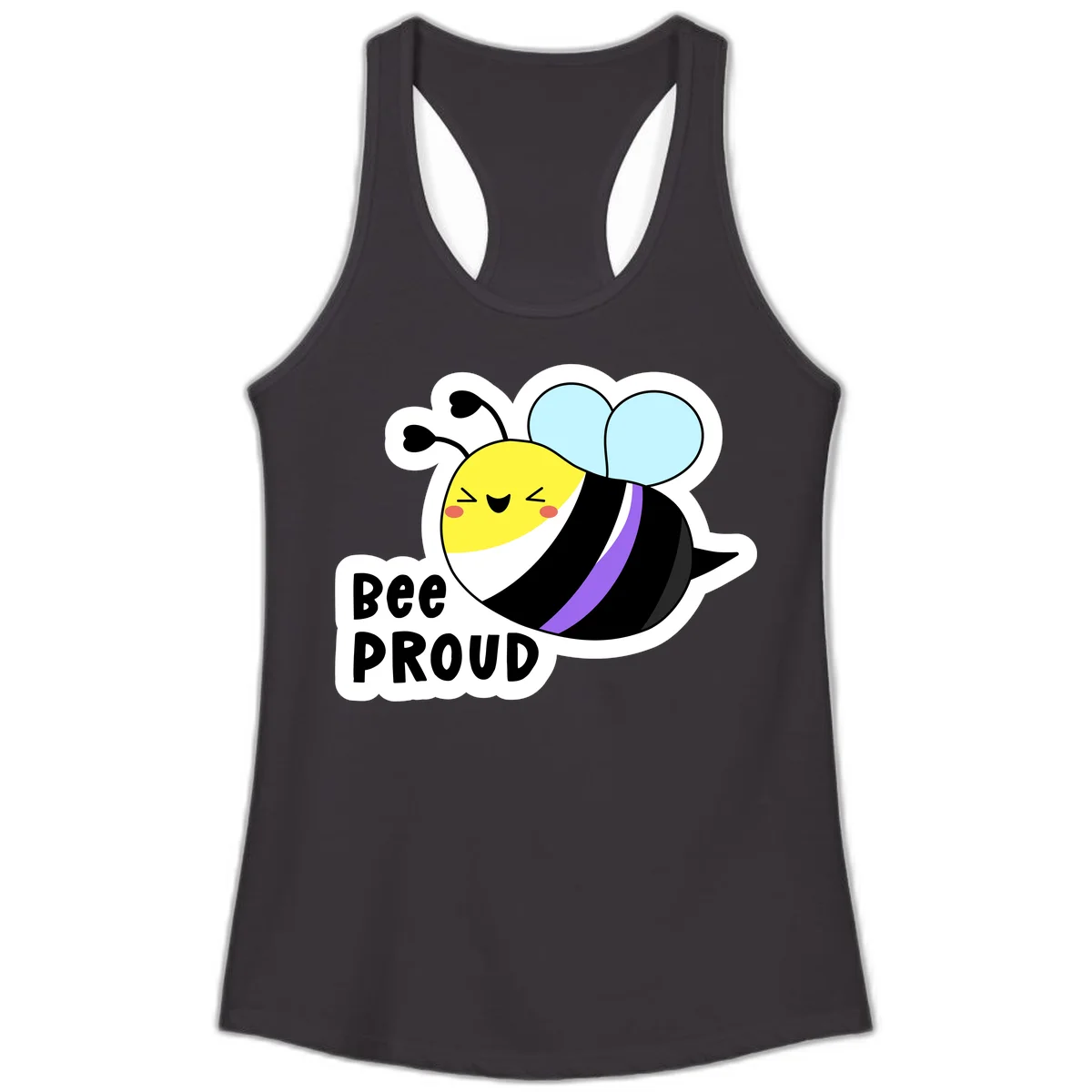 Cartoon bee with yellow head, purple-striped black body, and blue wings smiling happily with text 'BEE PROUD' below in Black