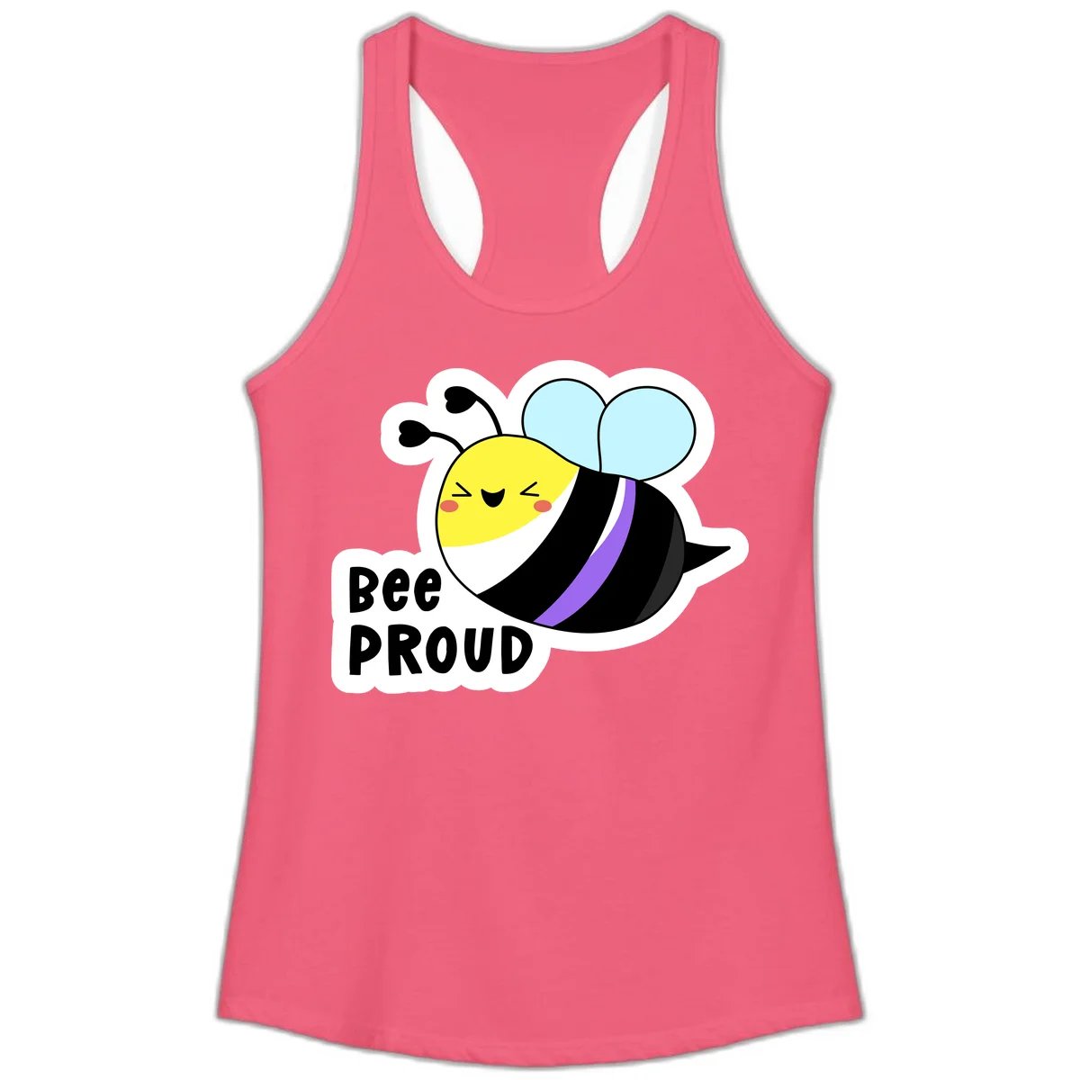 Cartoon bee with yellow head, purple-striped black body, and blue wings smiling happily with text 'BEE PROUD' below in Hot Pink