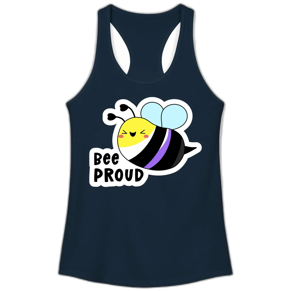 Cartoon bee with yellow head, purple-striped black body, and blue wings smiling happily with text 'BEE PROUD' below in Solid Midnight Navy
