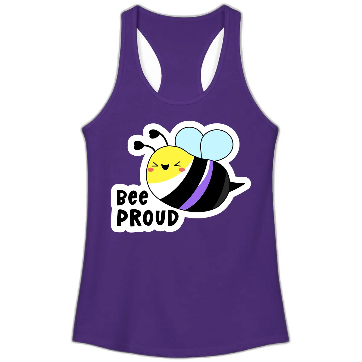 Cartoon bee with yellow head, purple-striped black body, and blue wings smiling happily with text 'BEE PROUD' below in Solid Purple Rush
