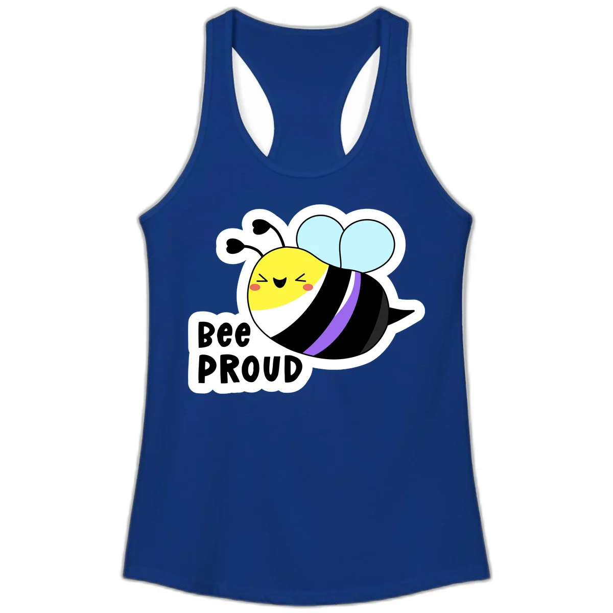 Cartoon bee with yellow head, purple-striped black body, and blue wings smiling happily with text 'BEE PROUD' below in Solid Royal