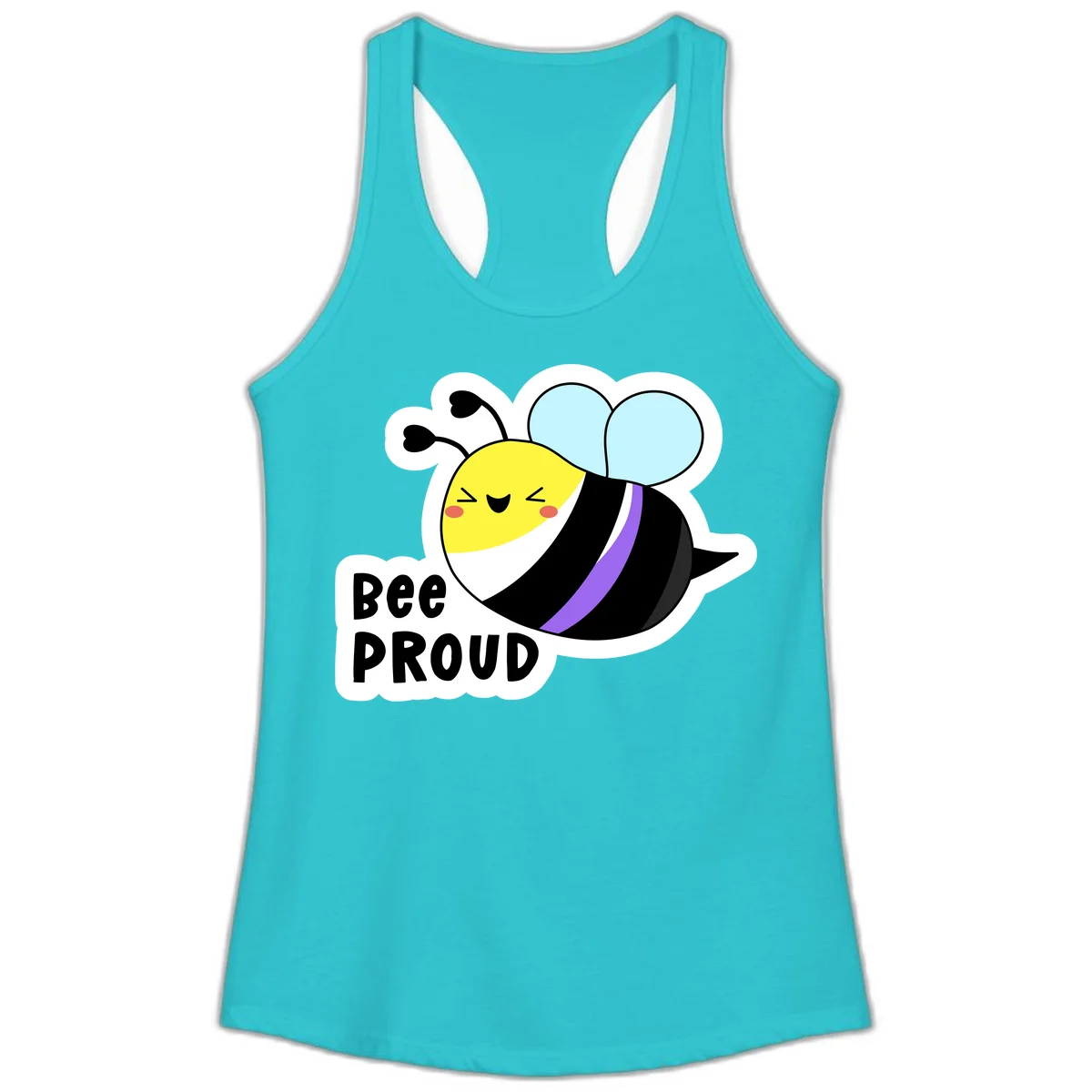 Cartoon bee with yellow head, purple-striped black body, and blue wings smiling happily with text 'BEE PROUD' below in Solid Tahiti Blue