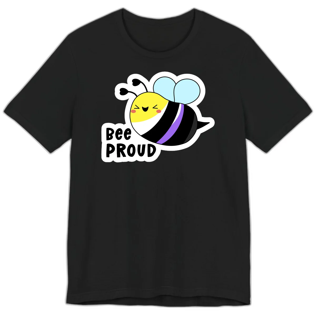 Cartoon bee with yellow head, purple-striped black body, and blue wings smiling happily with text 'BEE PROUD' below in Black