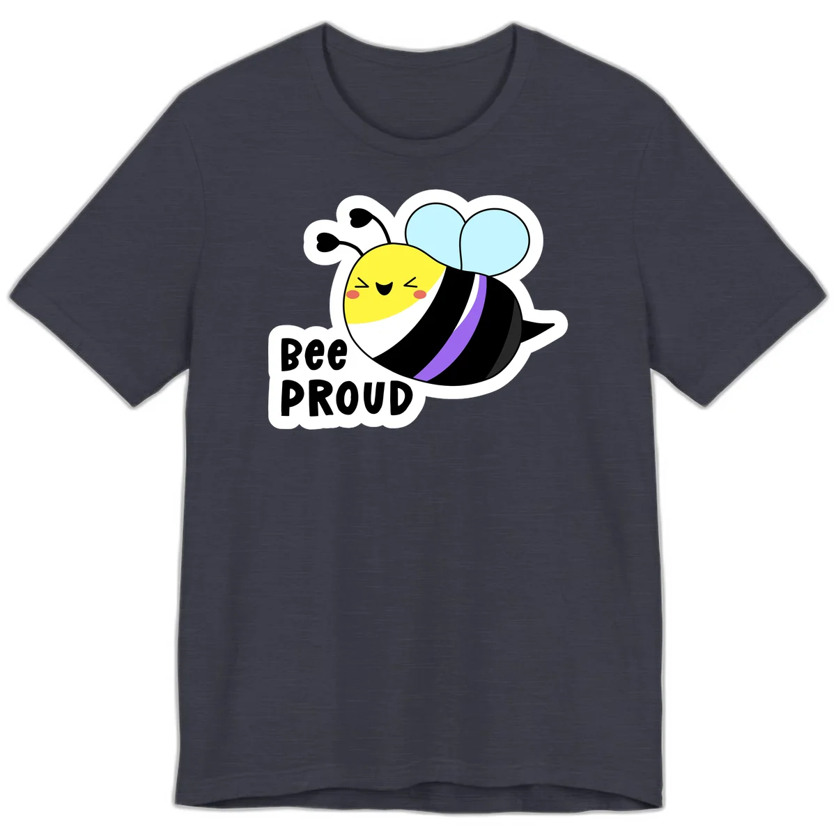Cartoon bee with yellow head, purple-striped black body, and blue wings smiling happily with text 'BEE PROUD' below in Heather Midnight Navy