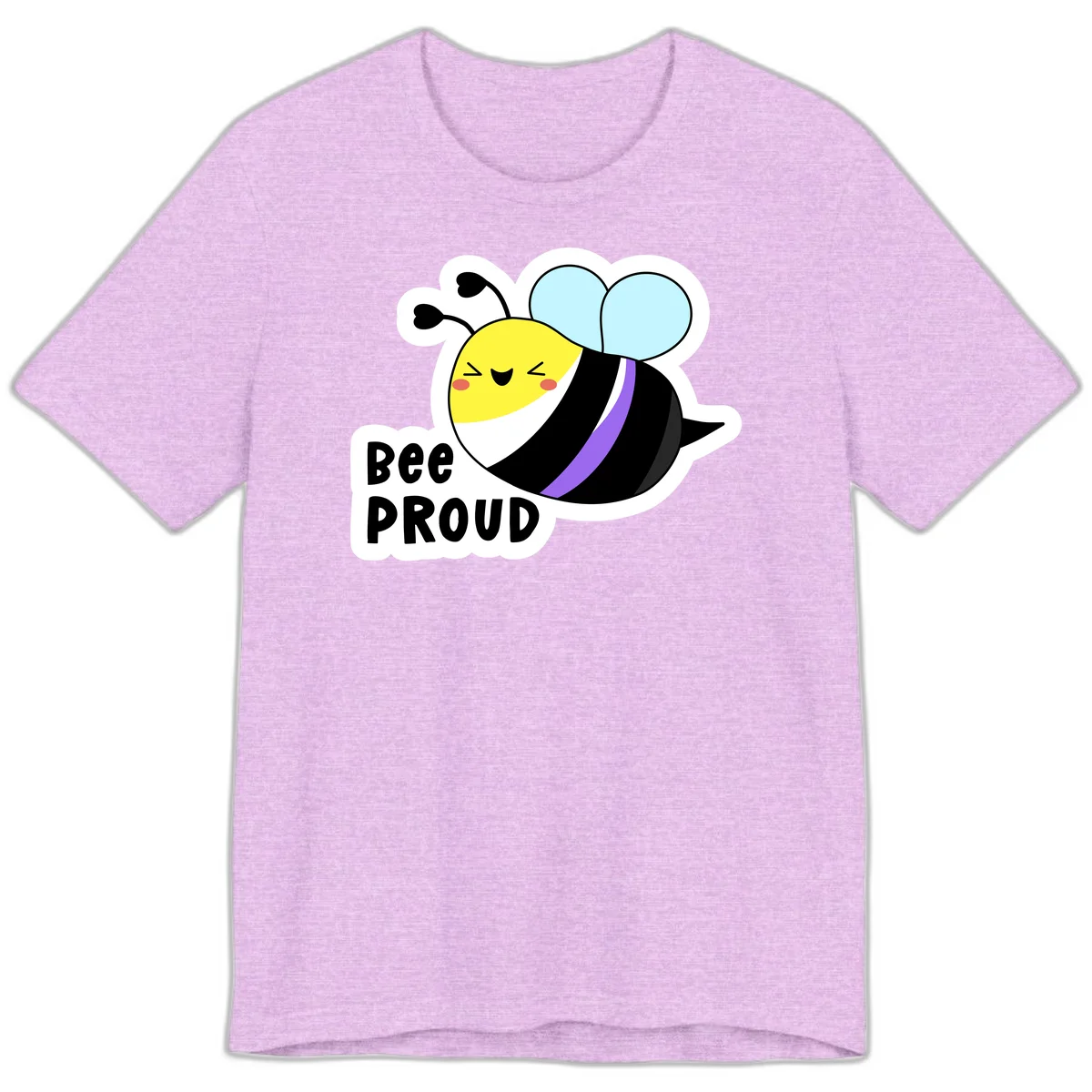 Cartoon bee with yellow head, purple-striped black body, and blue wings smiling happily with text 'BEE PROUD' below in Heather Prism Lilac