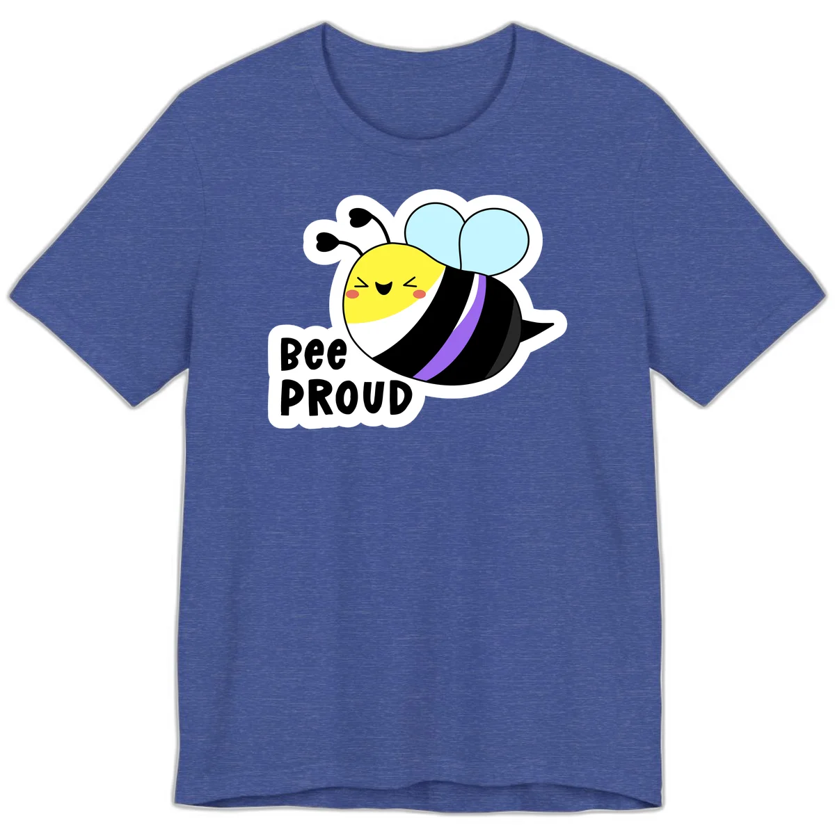 Cartoon bee with yellow head, purple-striped black body, and blue wings smiling happily with text 'BEE PROUD' below in Heather True Royal