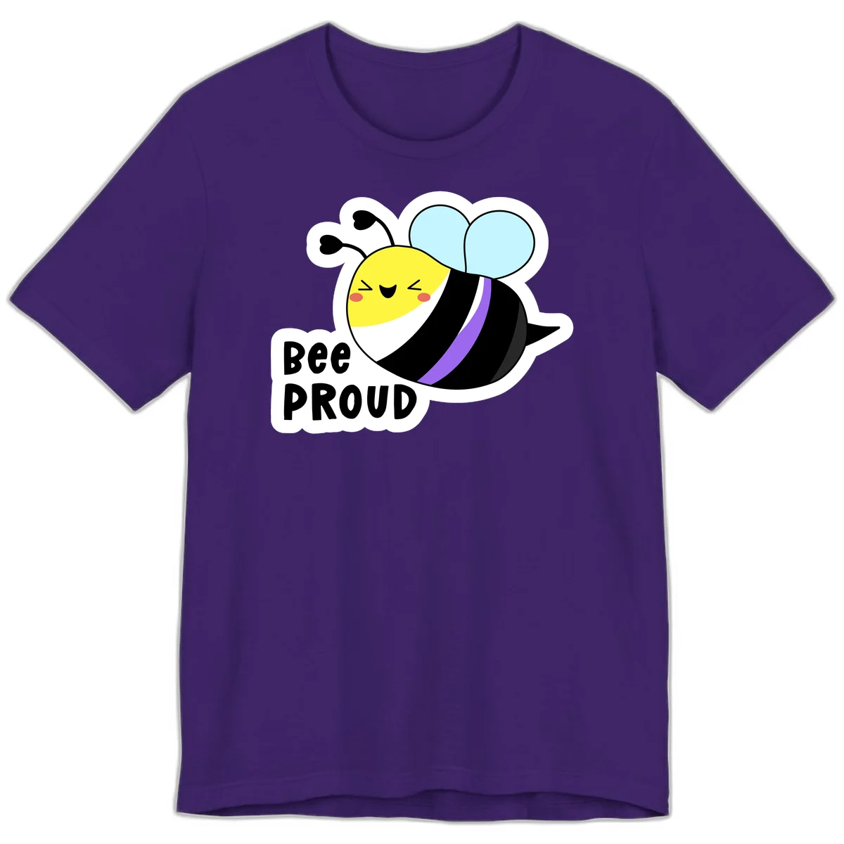 Cartoon bee with yellow head, purple-striped black body, and blue wings smiling happily with text 'BEE PROUD' below in Team Purple