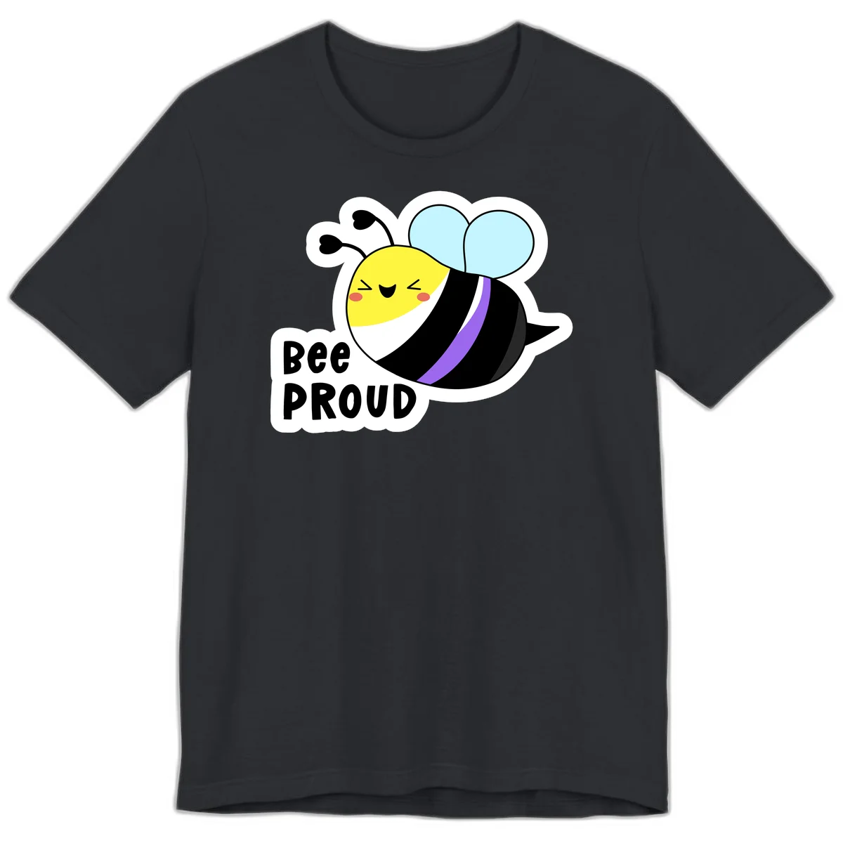 Cartoon bee with yellow head, purple-striped black body, and blue wings smiling happily with text 'BEE PROUD' below in Vintage Black